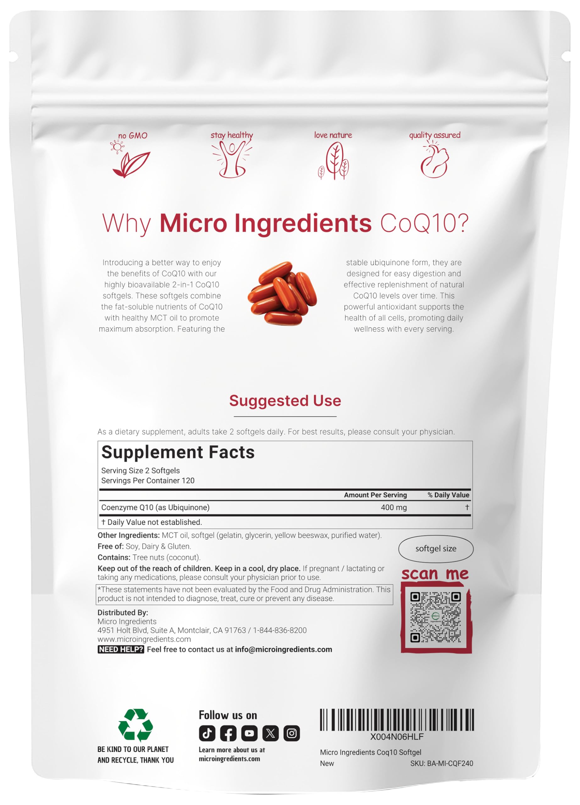 Closeup of Micro Ingredients CoQ10 softgels for smooth daily intake.