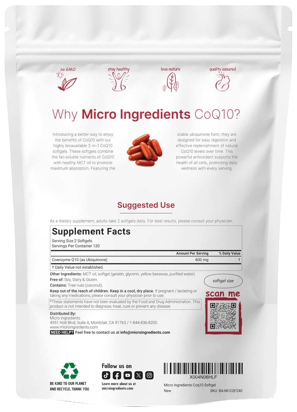 Closeup of Micro Ingredients CoQ10 softgels for smooth daily intake.
