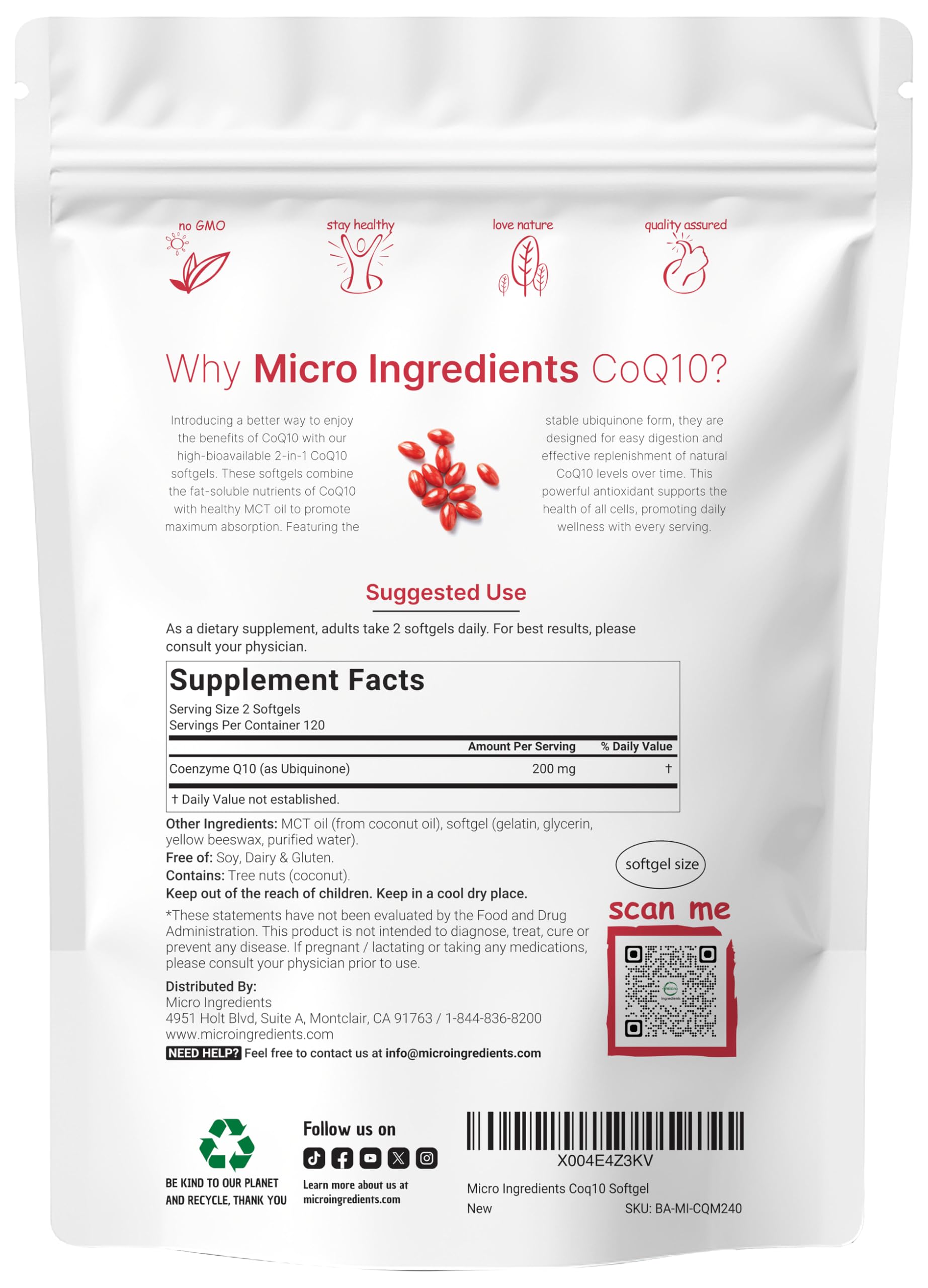 Micro Ingredients CoQ10 softgels close-up shows easy-to-swallow size and high potency
