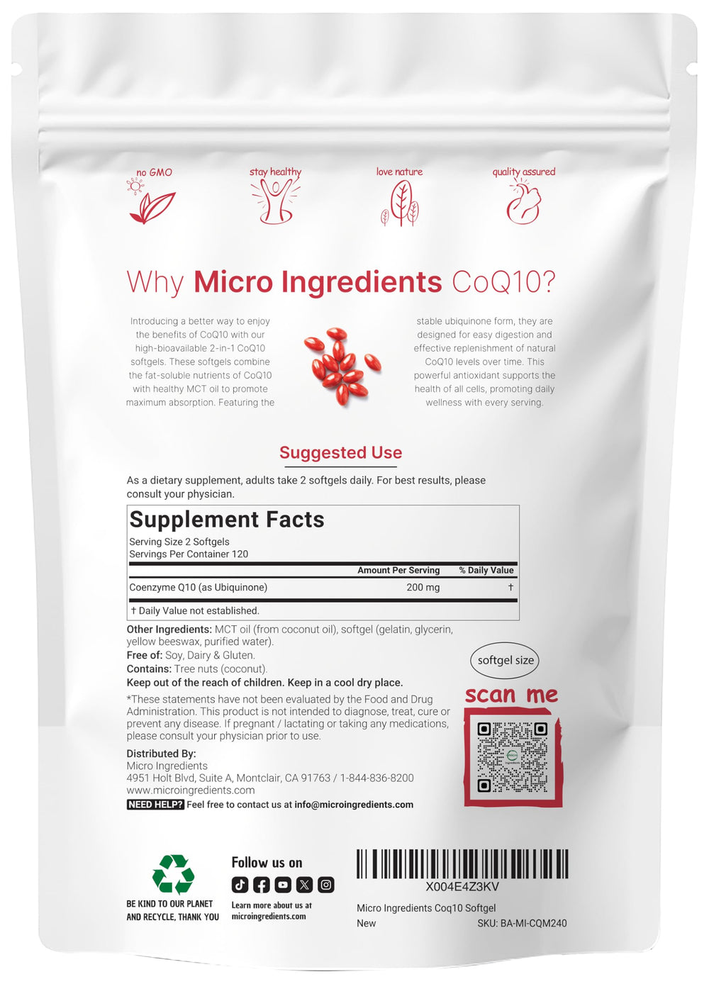 Micro Ingredients CoQ10 softgels close-up shows easy-to-swallow size and high potency