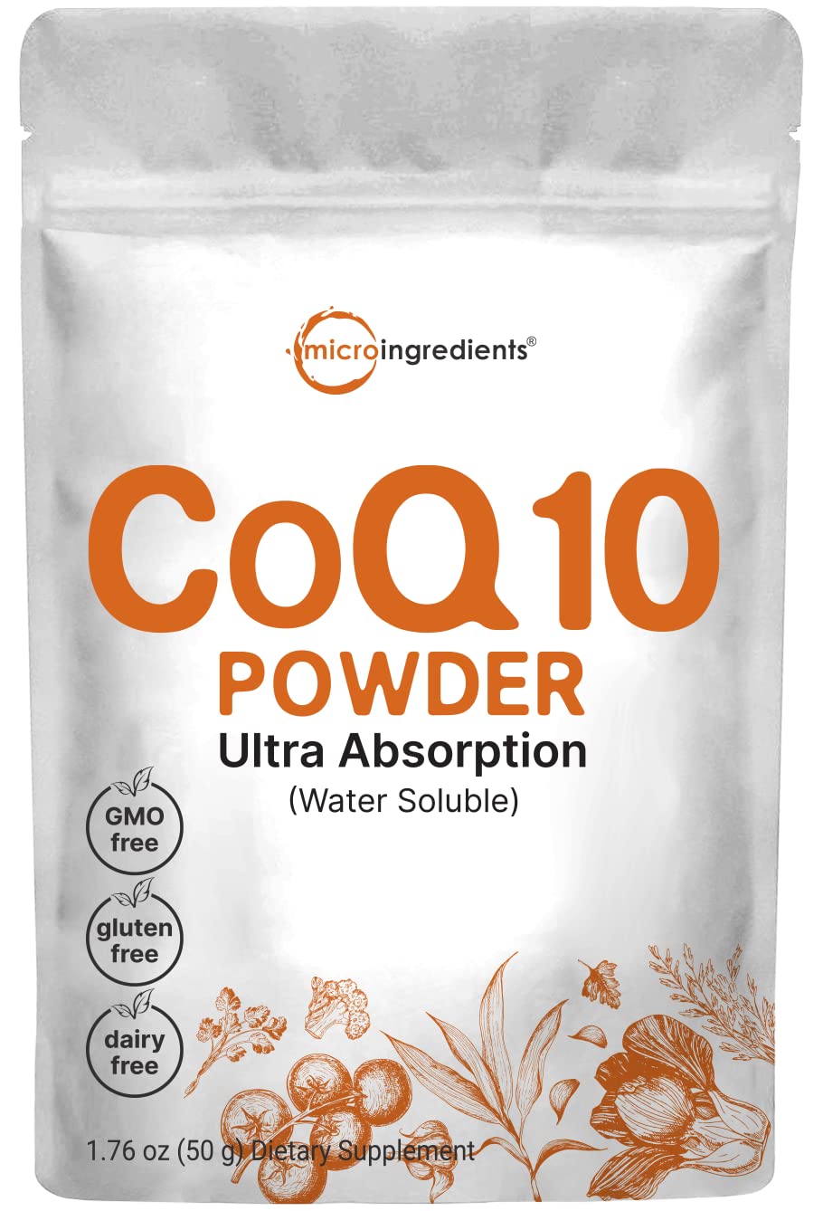 Micro Ingredients COQ10 water-soluble powder in 50g package for higher absorption.
