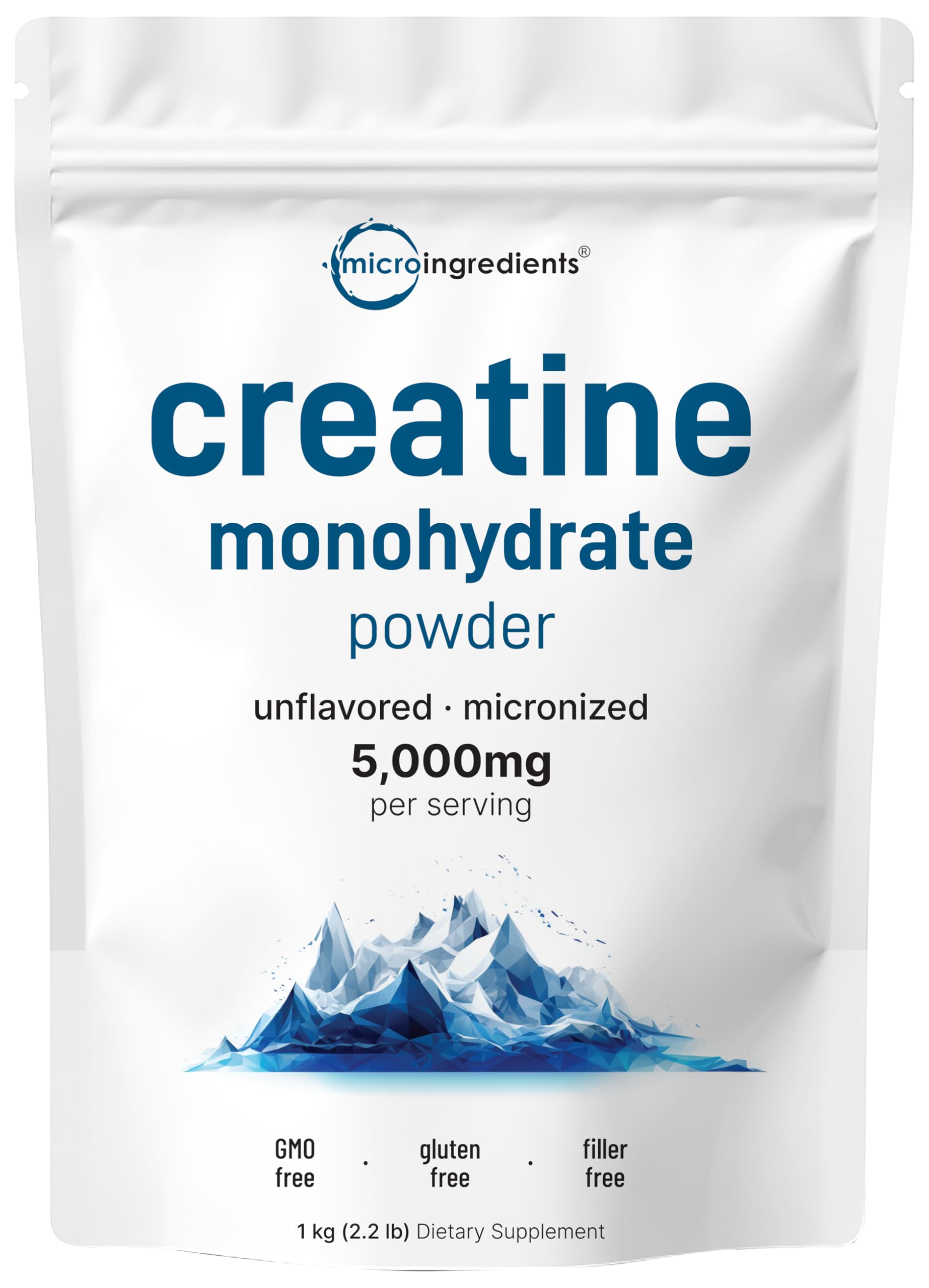 Micro Ingredients creatine monohydrate powder in a 1 kg bag, ideal for steady pre-workout mixing.