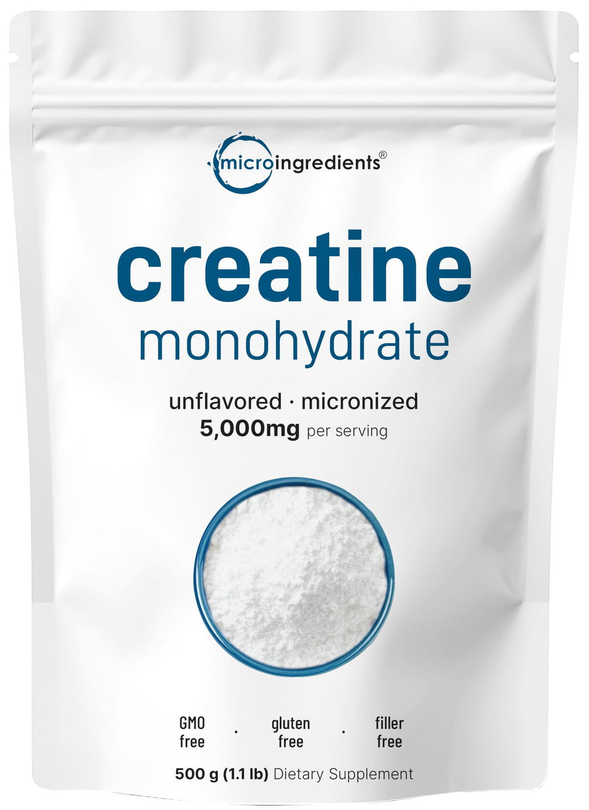 Micro Ingredients Creatine Monohydrate powder bag ready for easy mixing in drinks