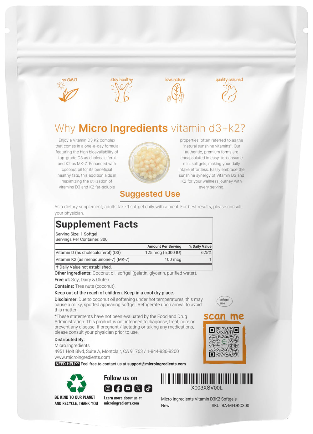 Micro Ingredients D3 K2 5000 IU 100 mcg dose for daily wellness.