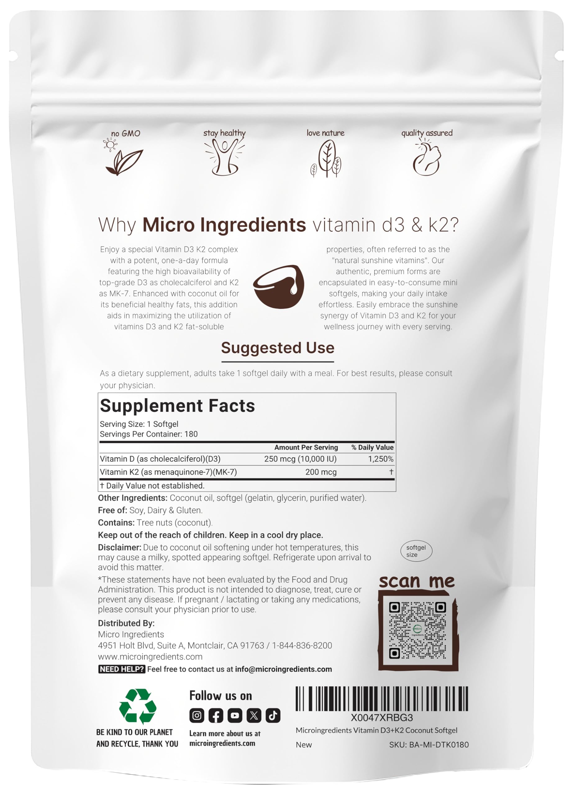 Micro Ingredients D3 K2 softgels closeup for easy swallowing