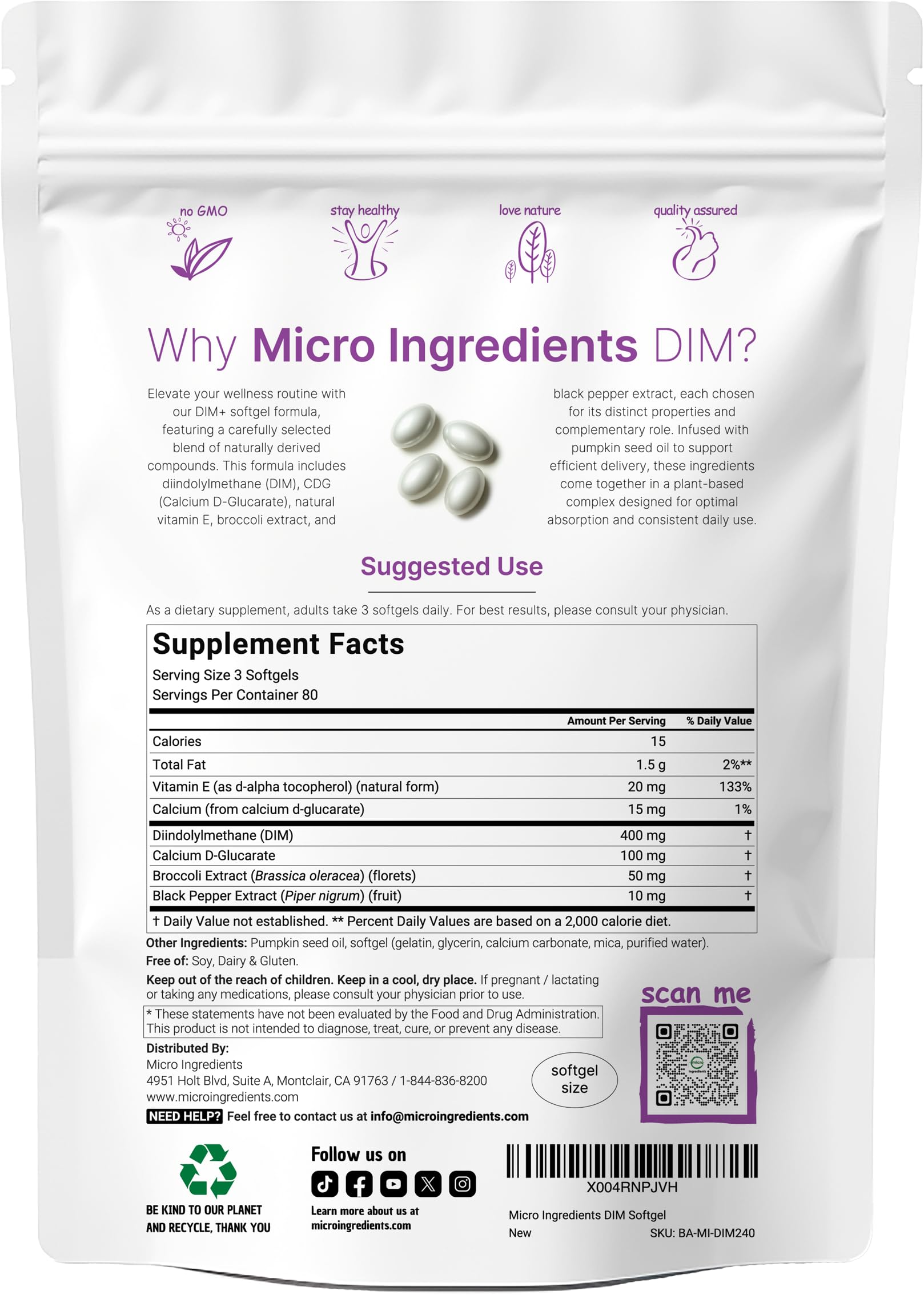 Micro Ingredients DIM+ softgels 400mg serving for balanced daily intake