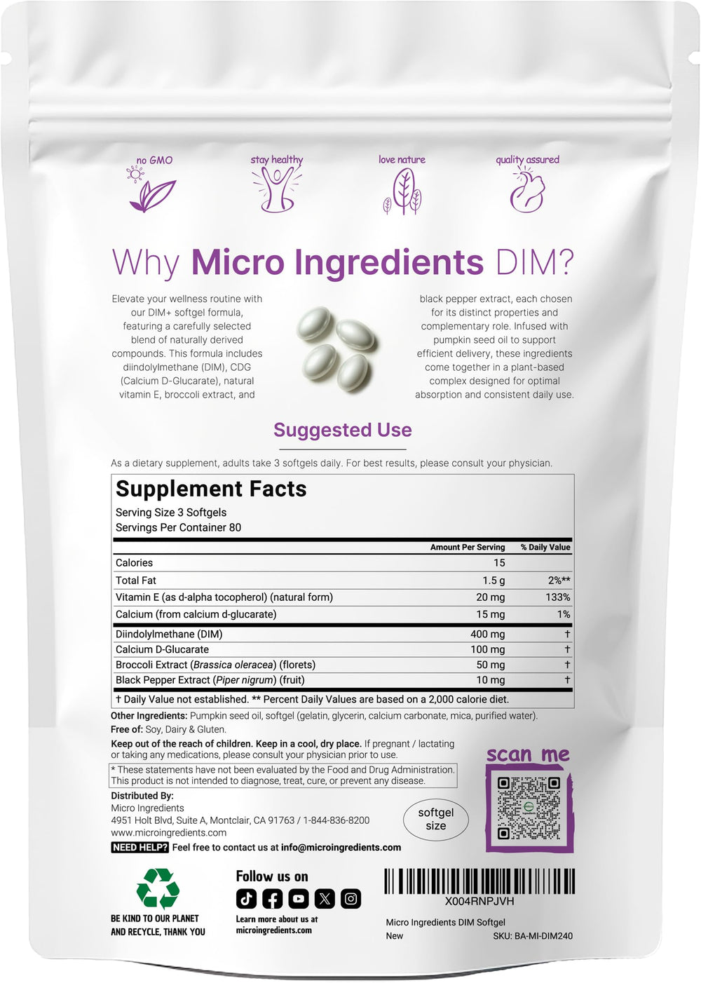 Micro Ingredients DIM+ softgels 400mg serving for balanced daily intake