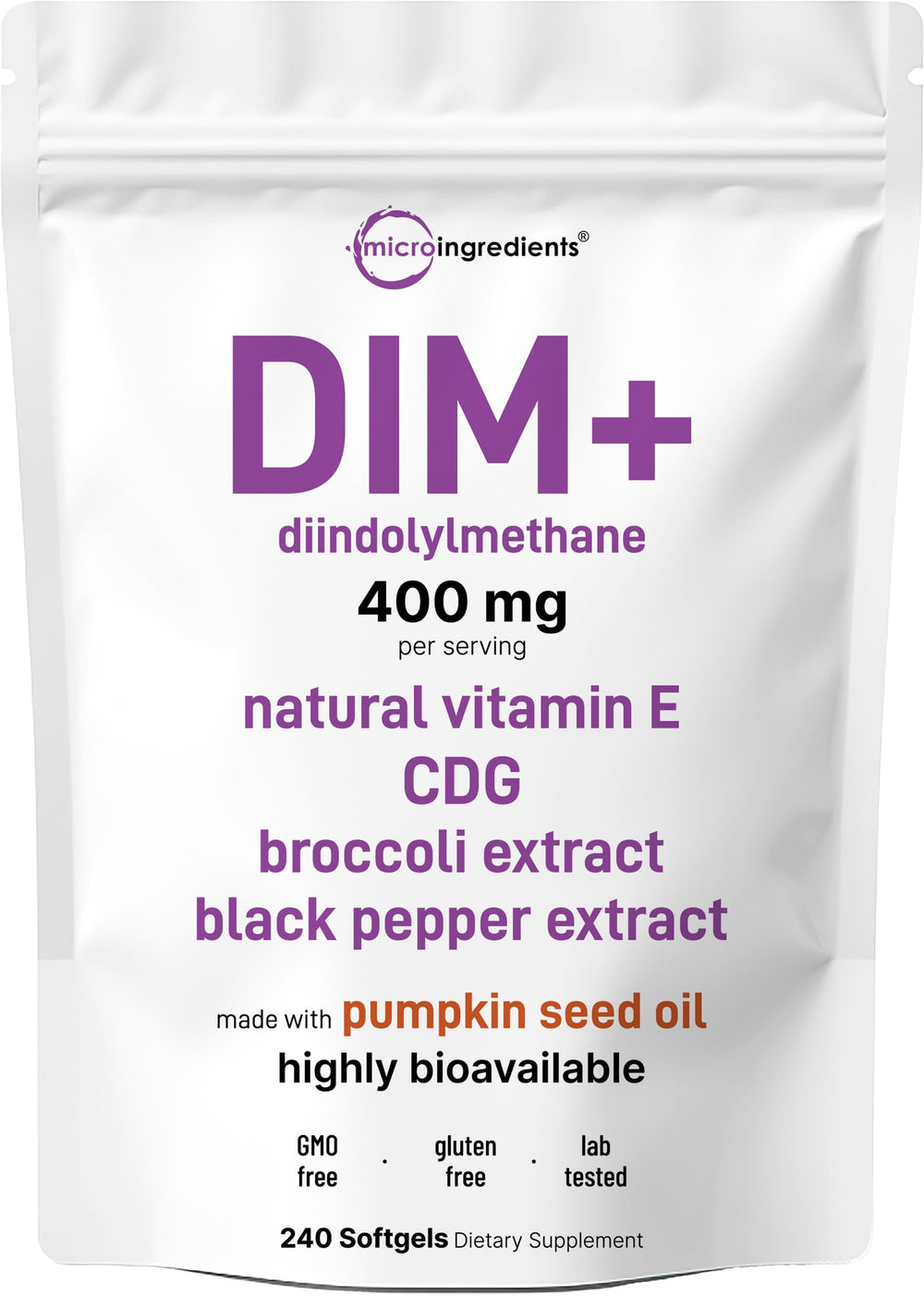 Micro Ingredients DIM+ softgels bottle for daily wellness support