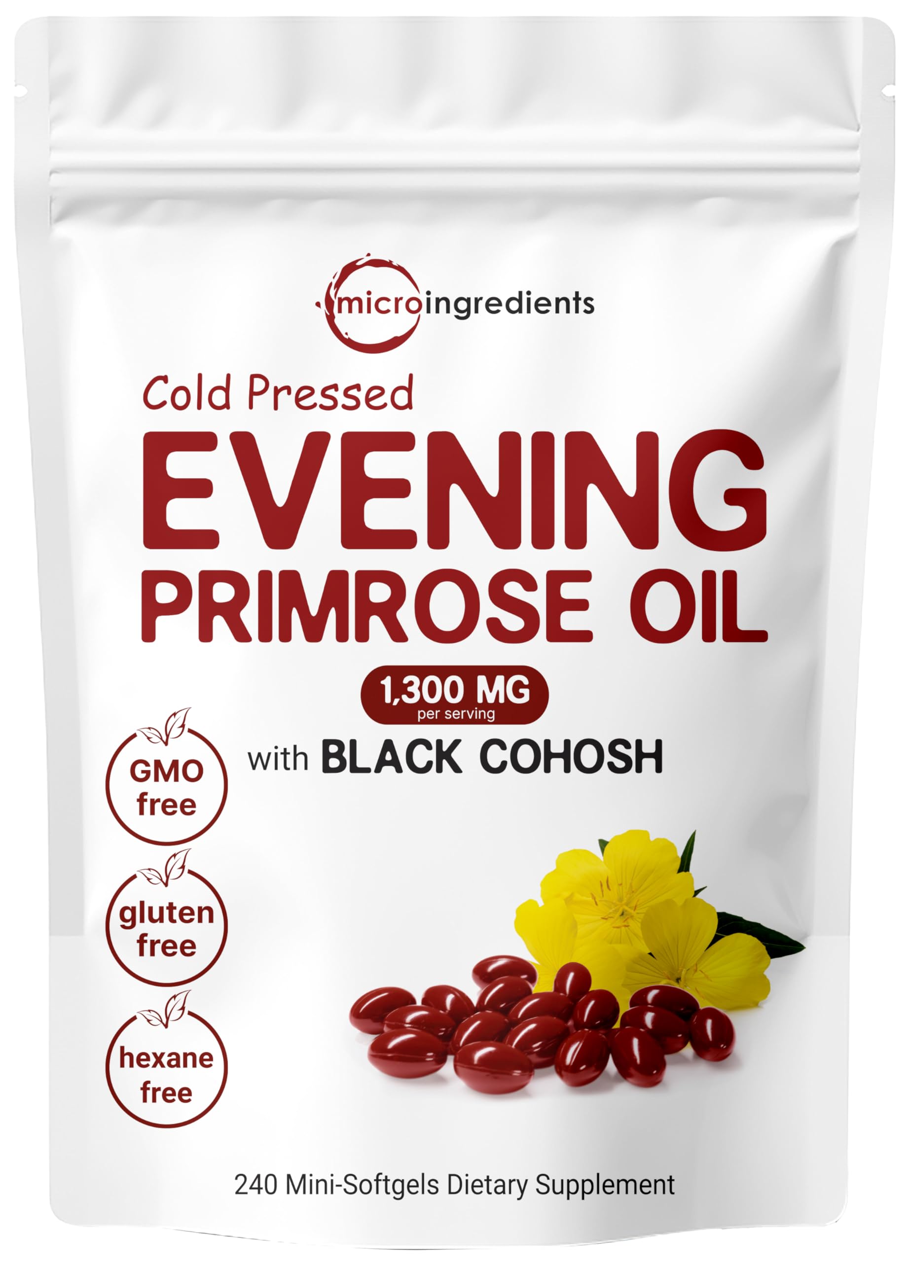 Micro Ingredients Evening Primrose Oil bottle highlighting 1300mg per serving for skin support.