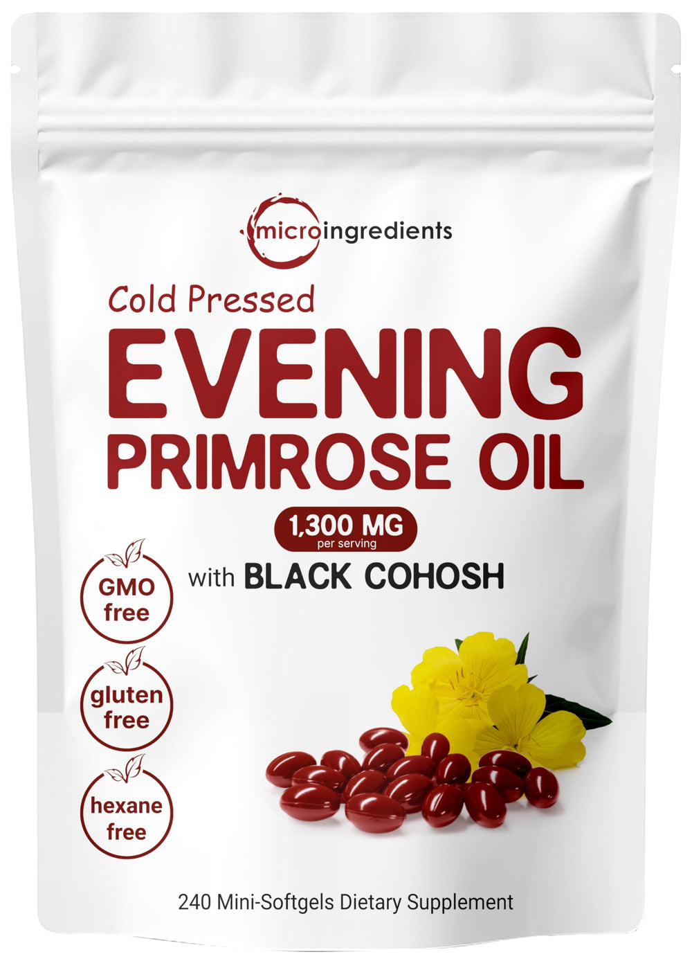 Micro Ingredients Evening Primrose Oil bottle highlighting 1300mg per serving for skin support.