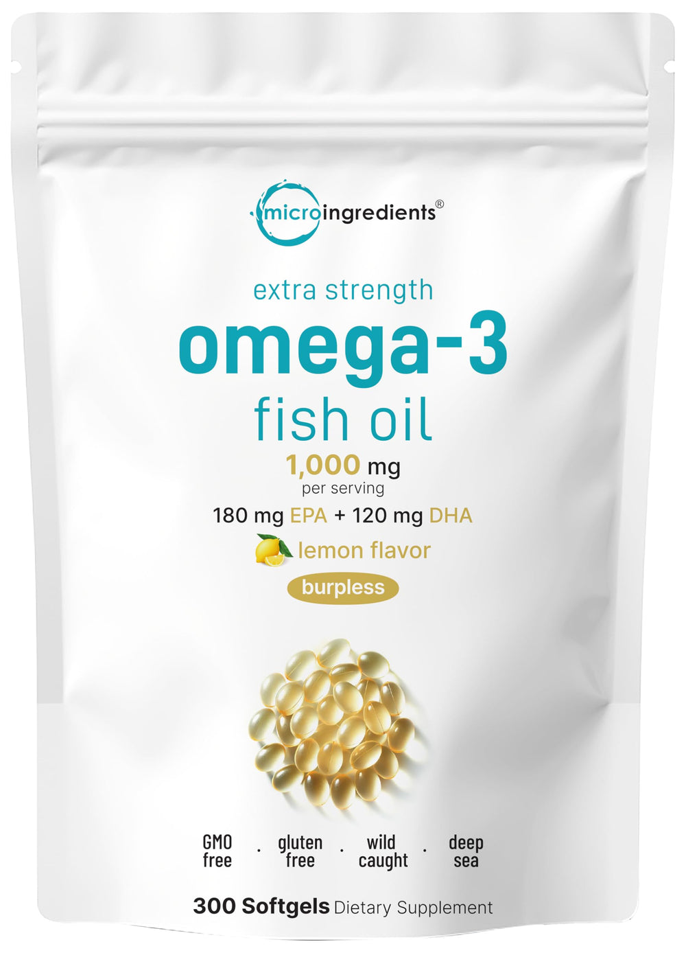 Micro Ingredients extra-strength Omega-3 lemon bottle with burpless softgels and easy digestion.