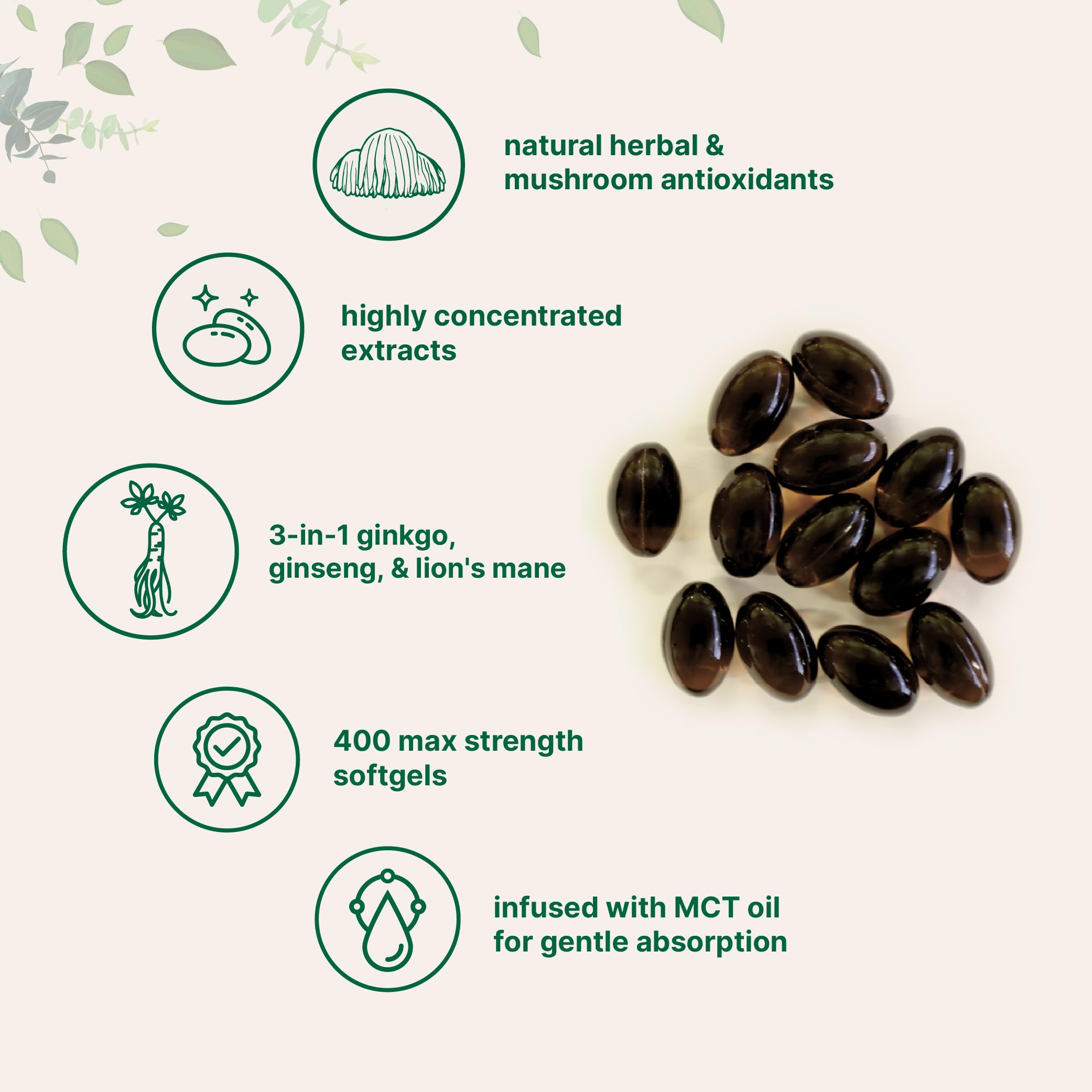 Micro Ingredients ginkgo biloba ginseng lions mane softgels label shows full-spectrum extracts.