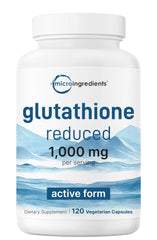 Micro Ingredients Glutathione 1000mg bottle front view highlighting potency and clean labeling.