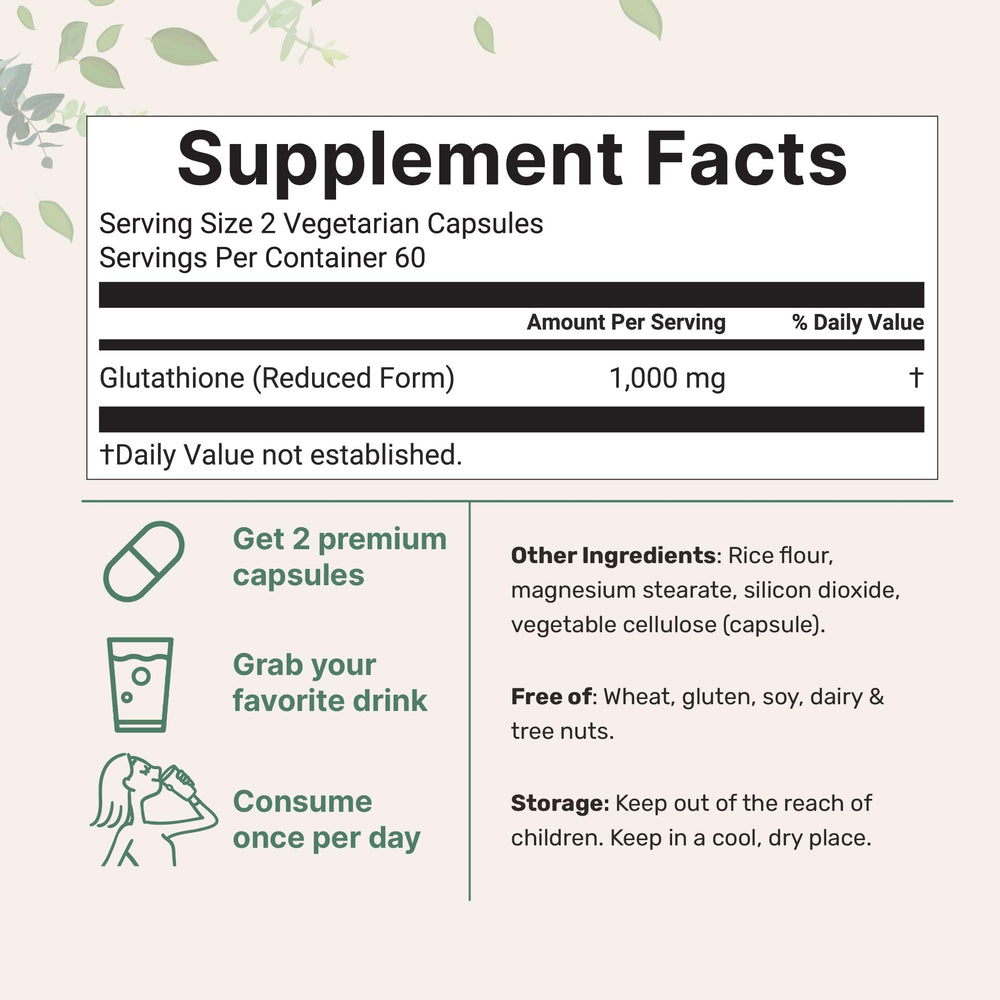 Micro Ingredients Glutathione 1000mg label close-up emphasizes active reduced form.