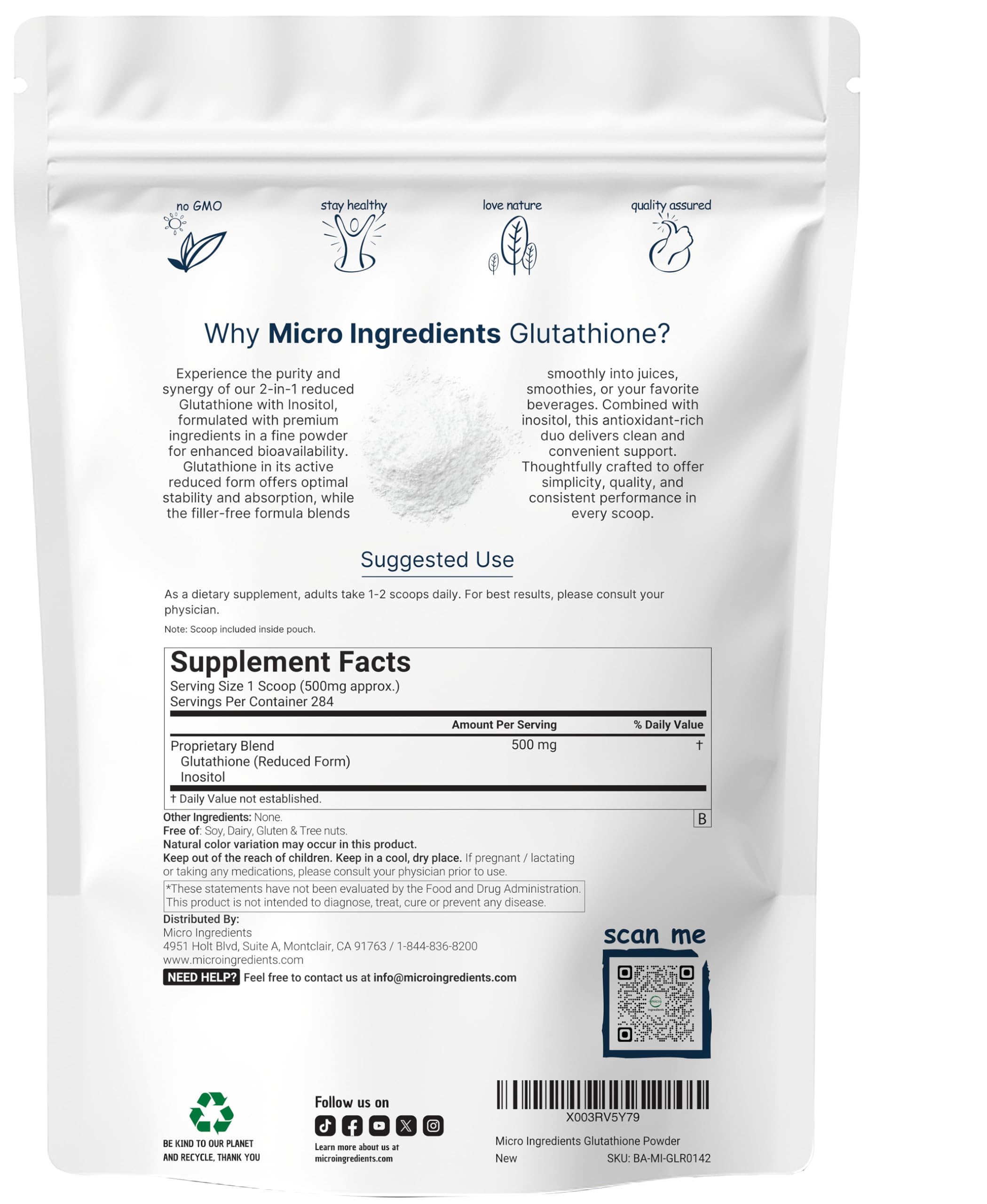 Micro Ingredients glutathione with inositol 2in1 formula close-up highlighting convenience.