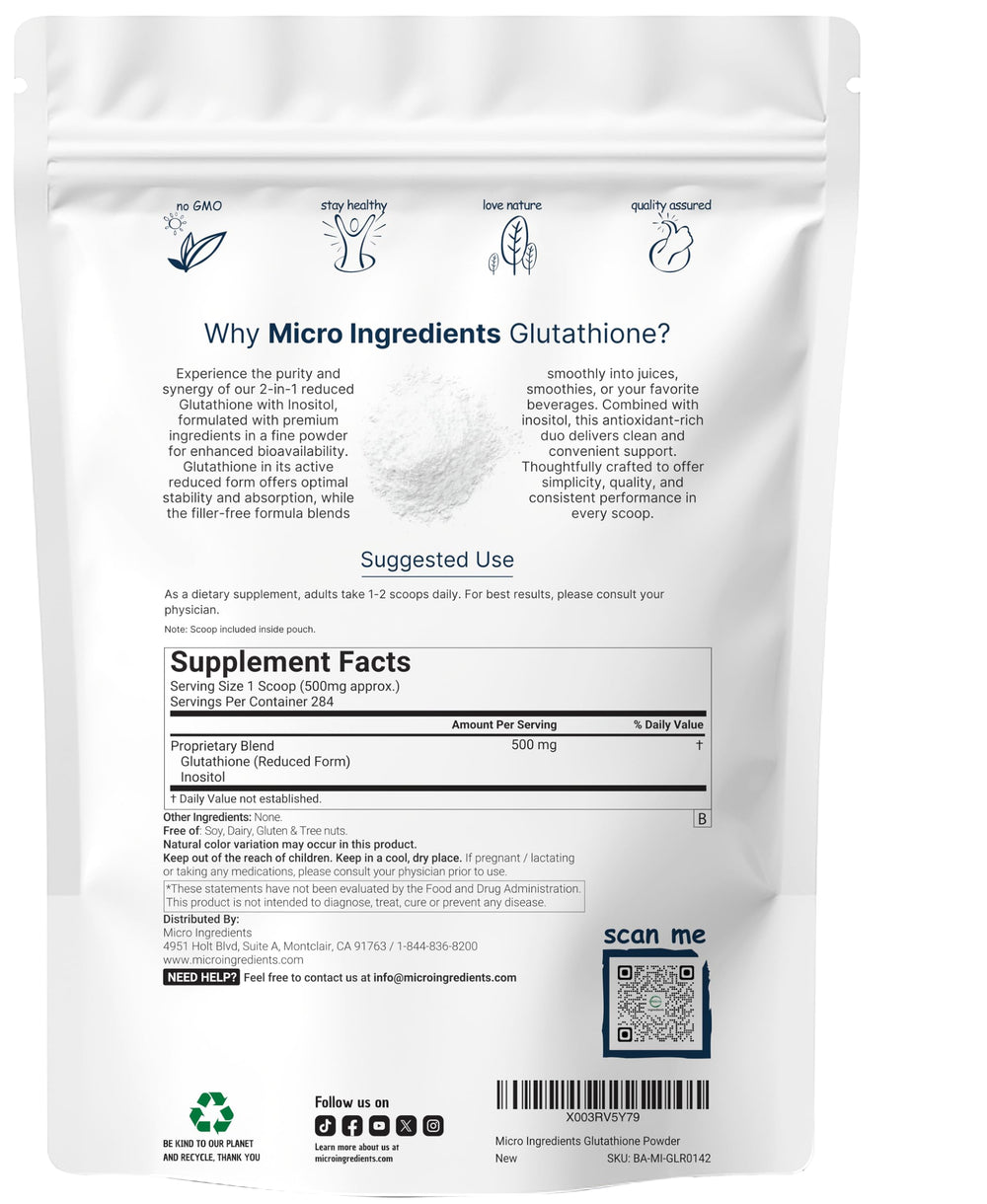 Micro Ingredients glutathione with inositol 2in1 formula close-up highlighting convenience.