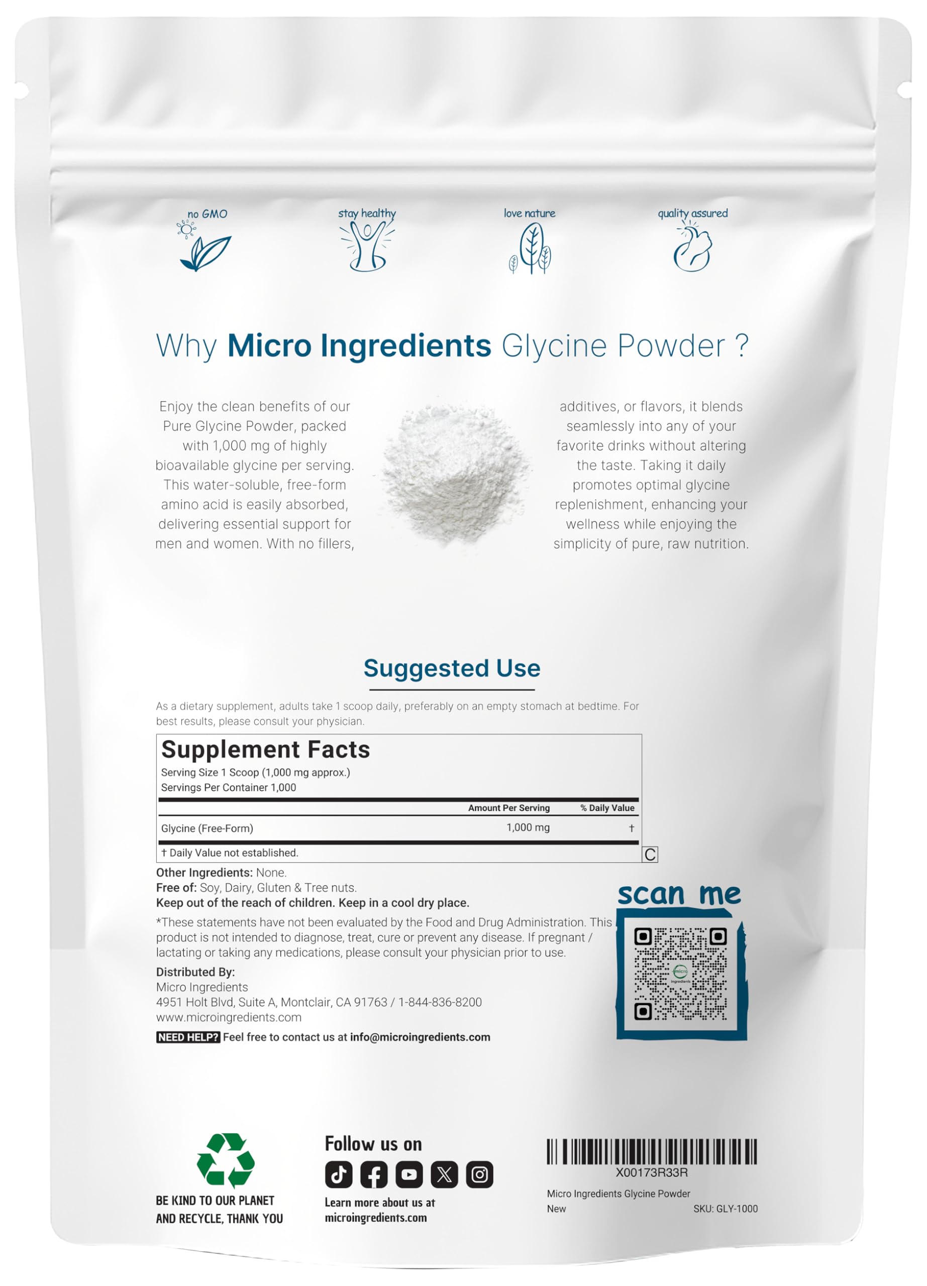 Glycine powder scoop beside bottle for convenient daily serving