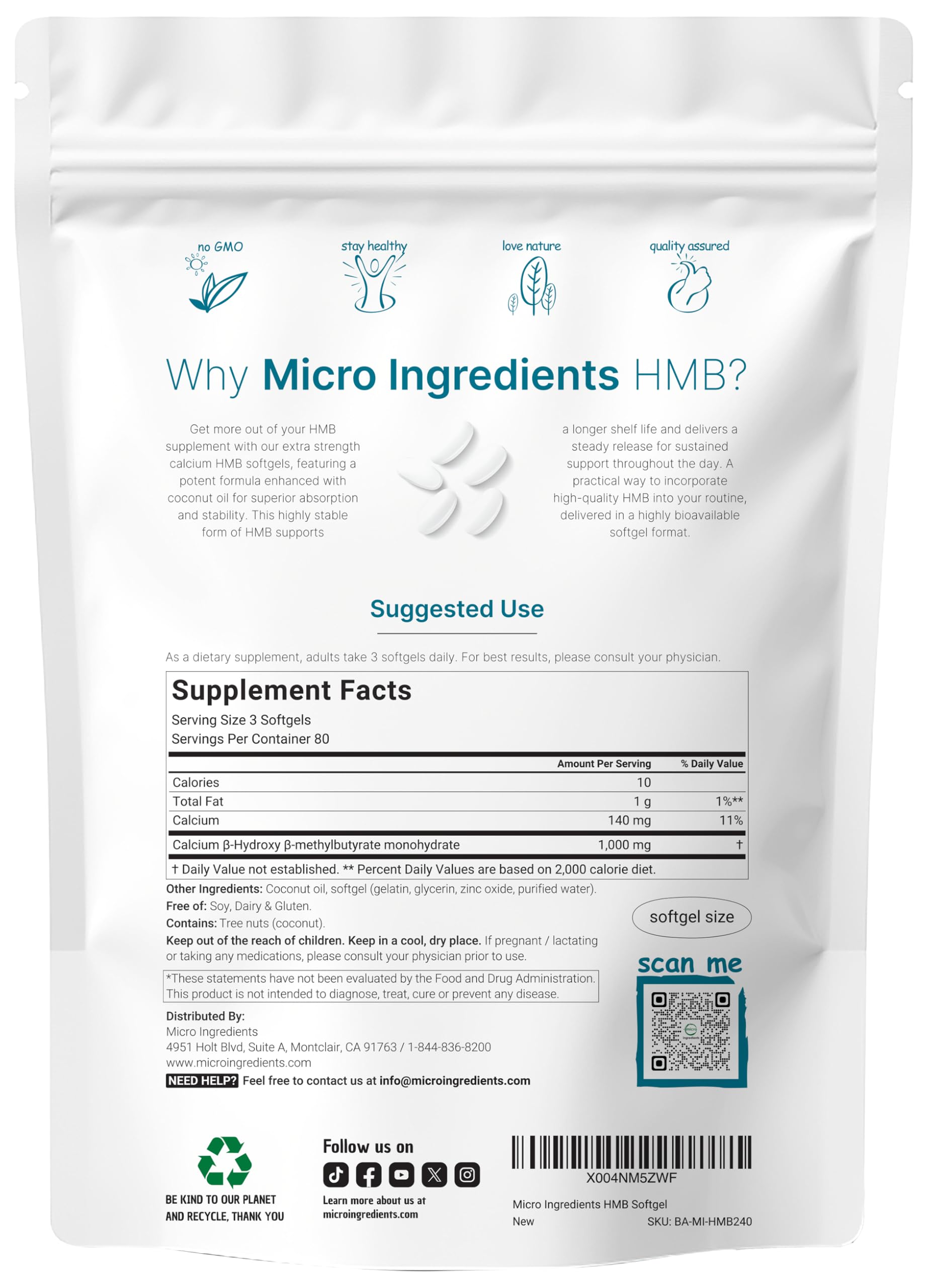 HMB 1,000mg softgels serving highlights per-dose formulation and muscle support.