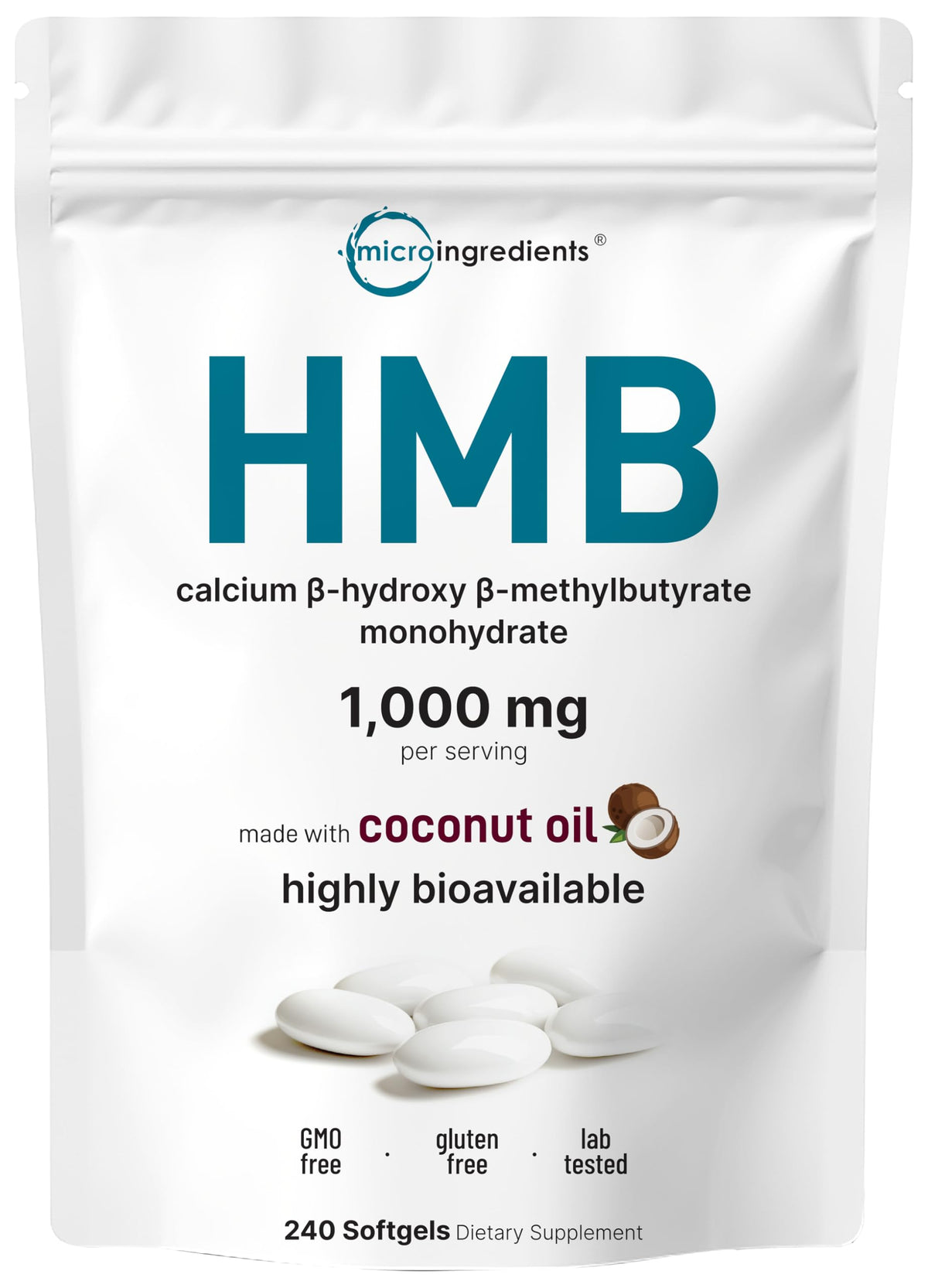 Micro Ingredients HMB softgels bottle with coconut oil enhances absorption and daily support.