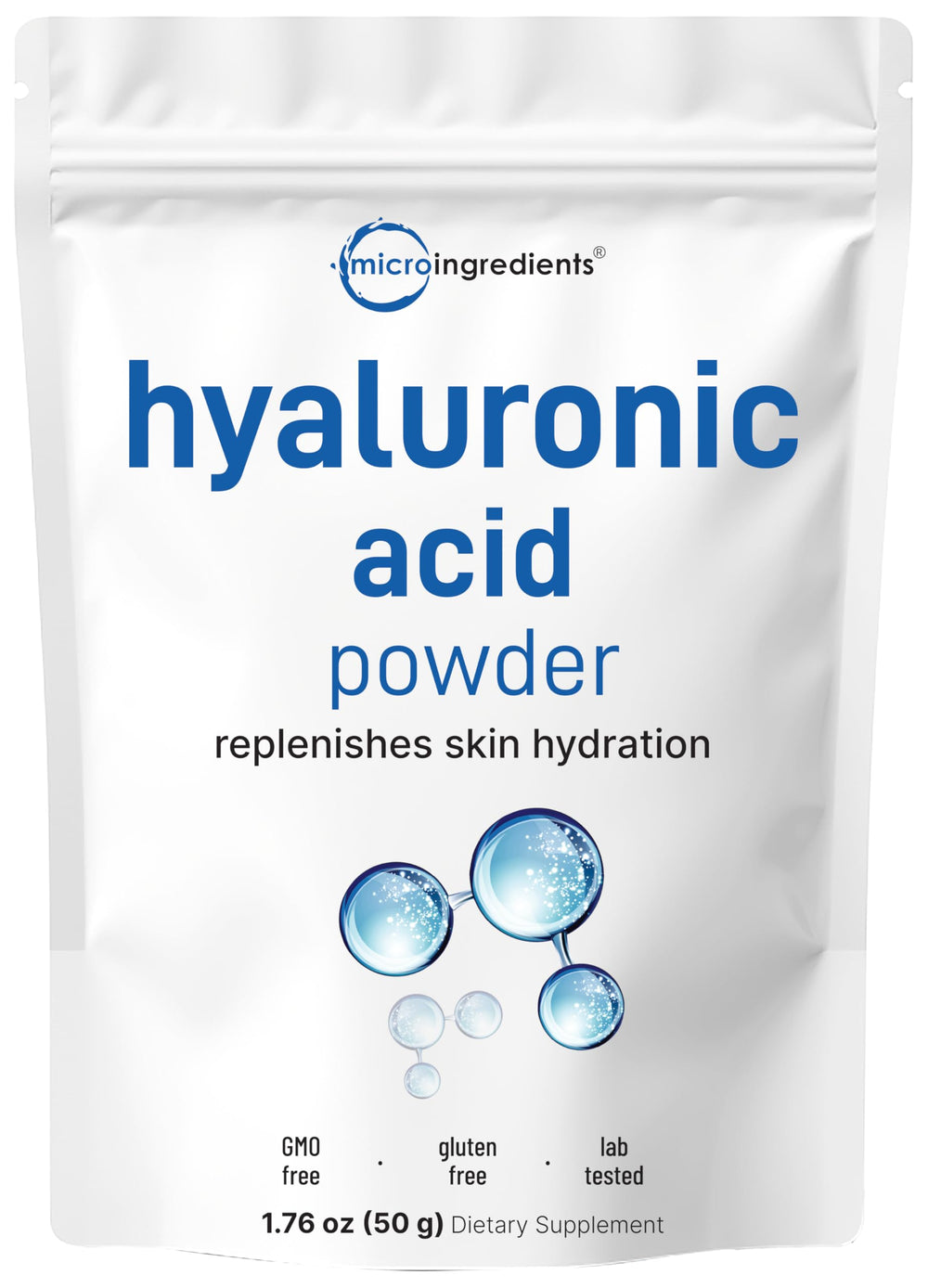 Micro Ingredients Hyaluronic Acid Serum Powder bottle packaging for precise dosing.