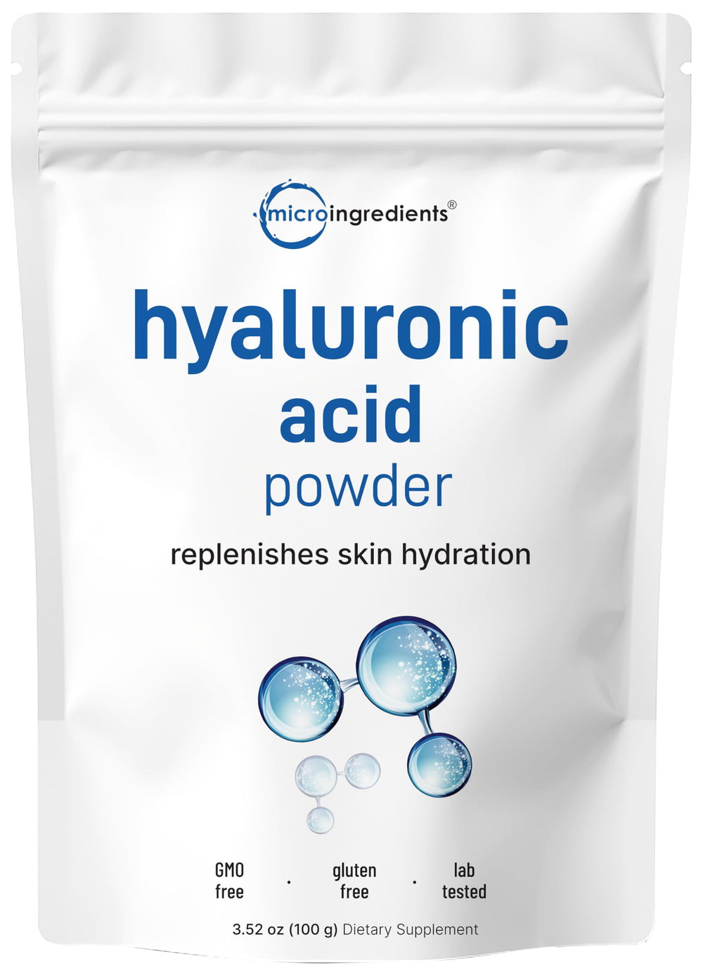 Micro Ingredients hyaluronic acid serum powder in a jar for easy hydration and skin moisture