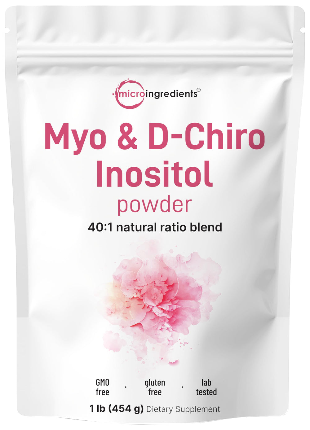 Micro Ingredients Myo-Inositol & D-Chiro Inositol powder bottle shows 40:1 ratio for hormonal balance