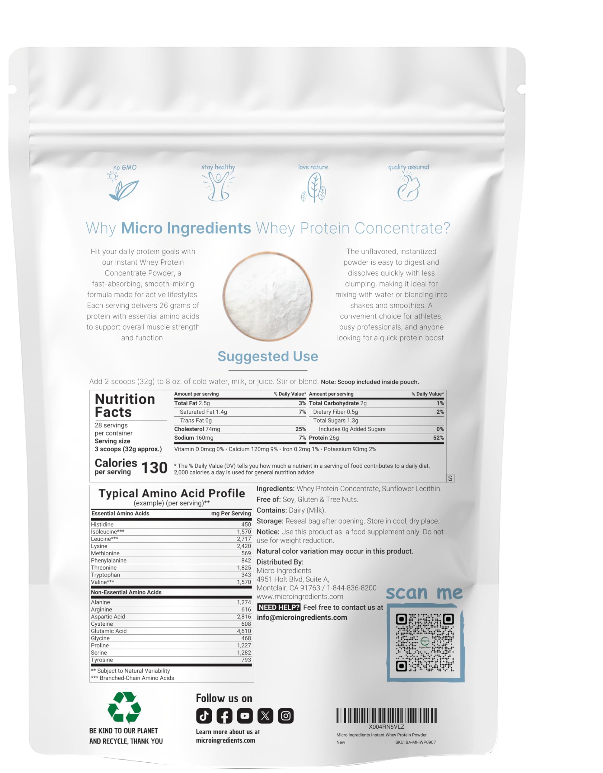 Micro Ingredients Instant Whey Protein scoop highlights precise 26g serving
