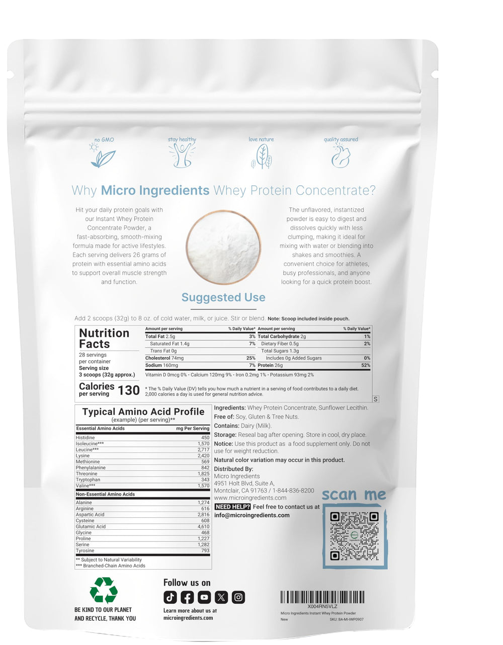Micro Ingredients Instant Whey Protein scoop highlights precise 26g serving
