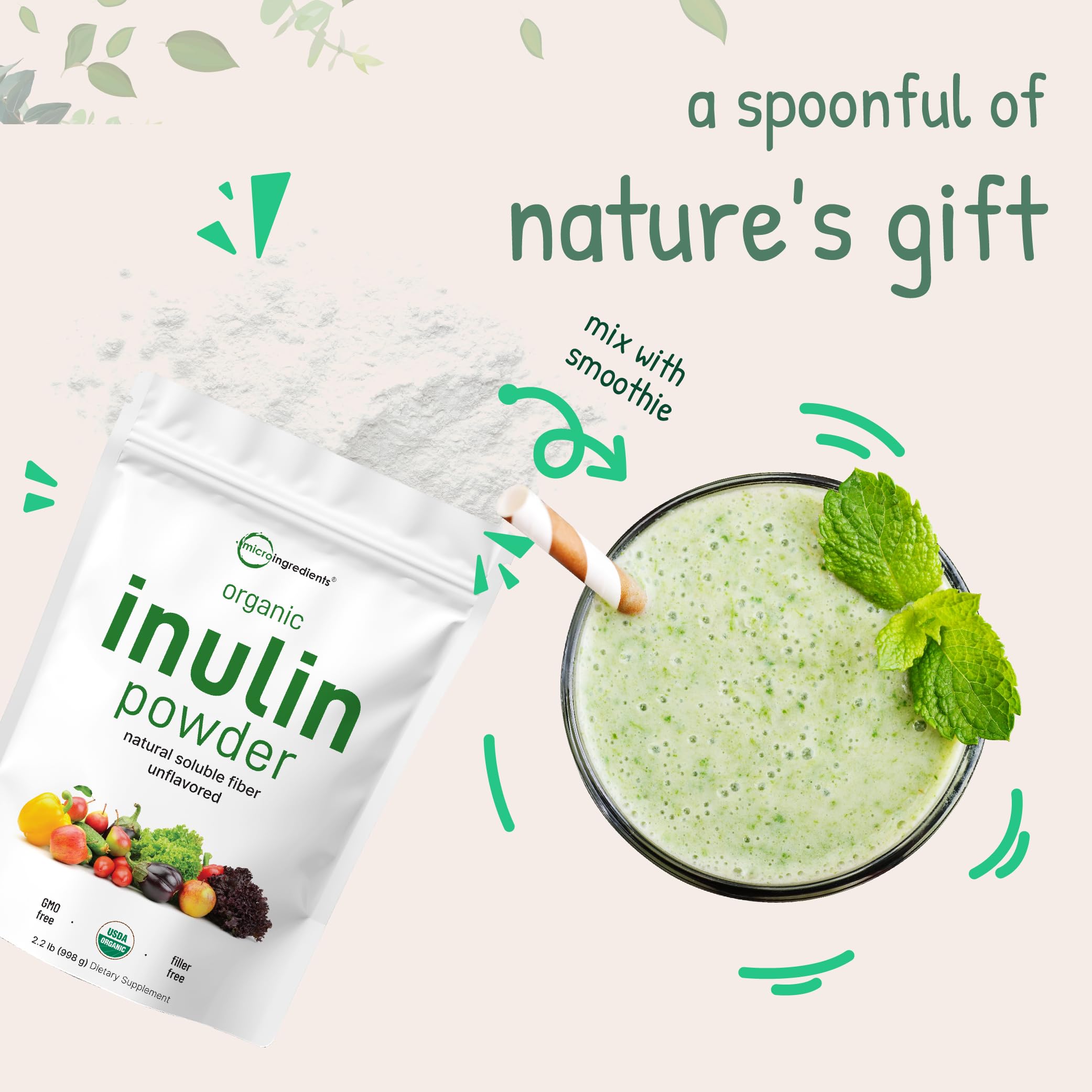 Spoon of Micro Ingredients Inulin FOS powder over yogurt showing versatile use