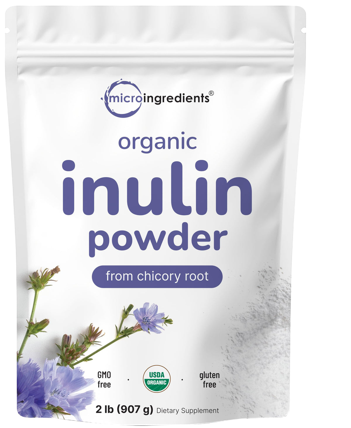 Micro Ingredients Inulin Powder front packaging showing unflavored vegan fiber for daily prebiotic use.