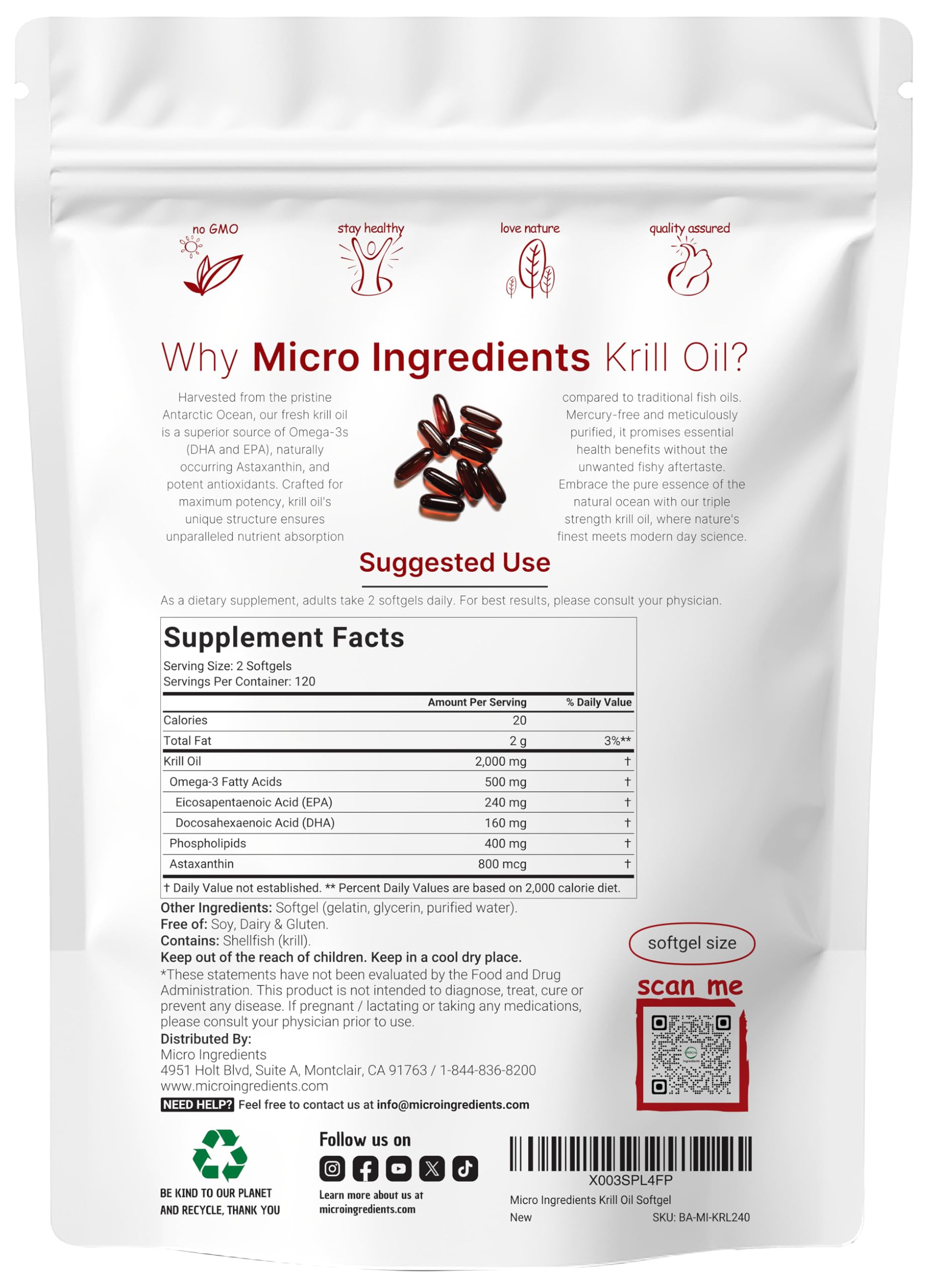 Micro Ingredients krill oil bottle label highlights triple strength formula and astaxanthin.