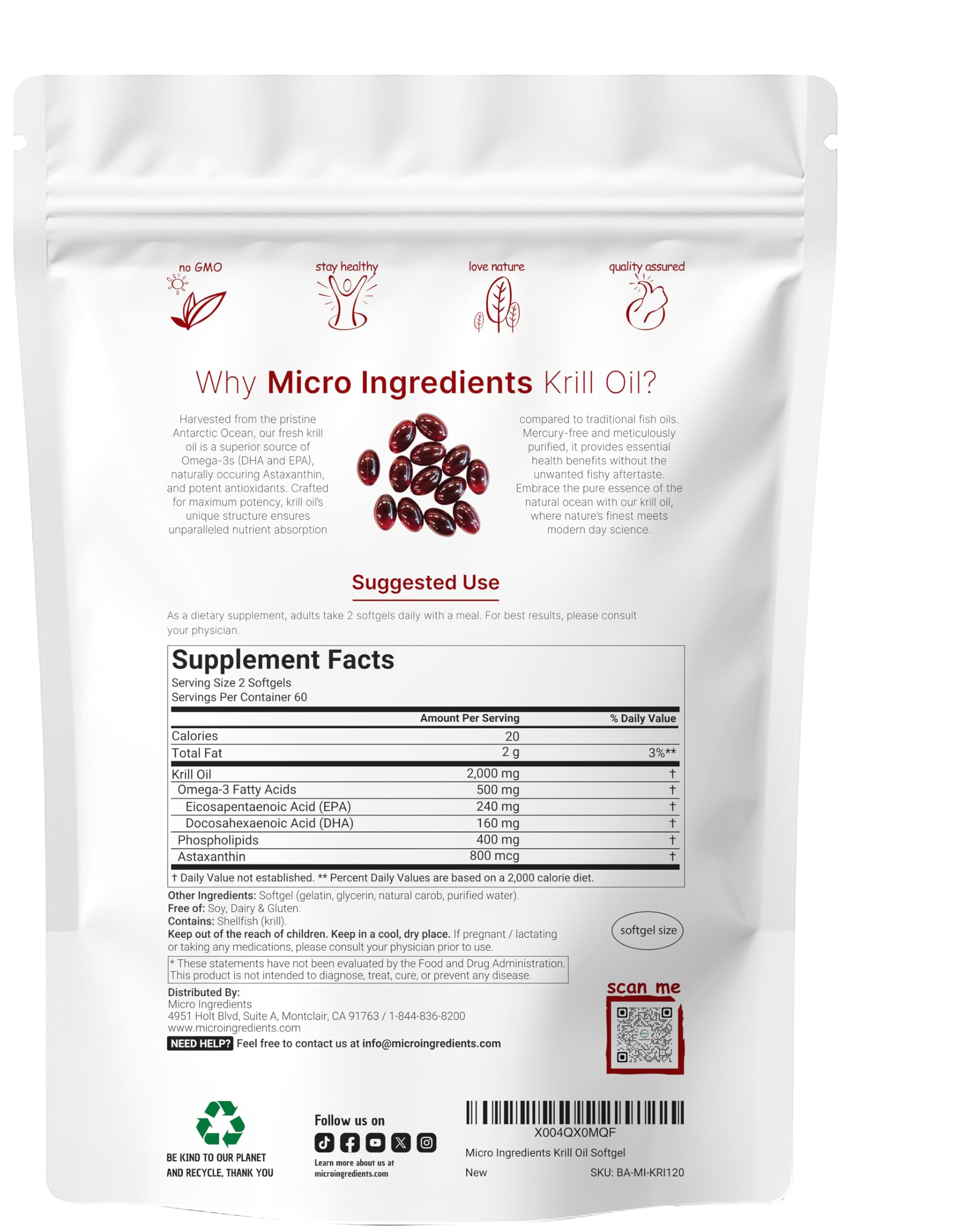 Micro Ingredients krill oil softgels close-up shows EPA and DHA content.