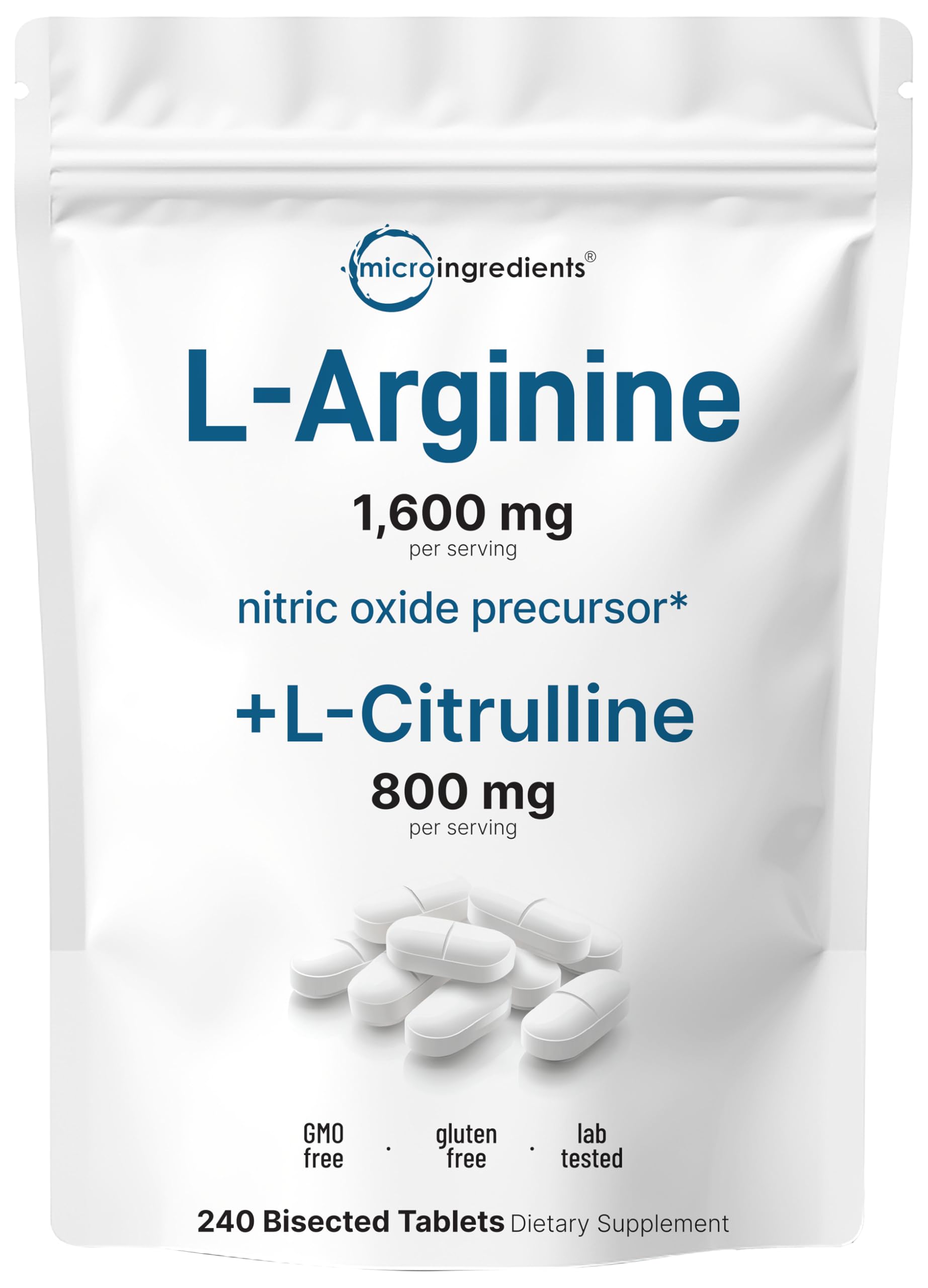 Micro Ingredients L-Arginine bisected tablets in bottle for easy dosing