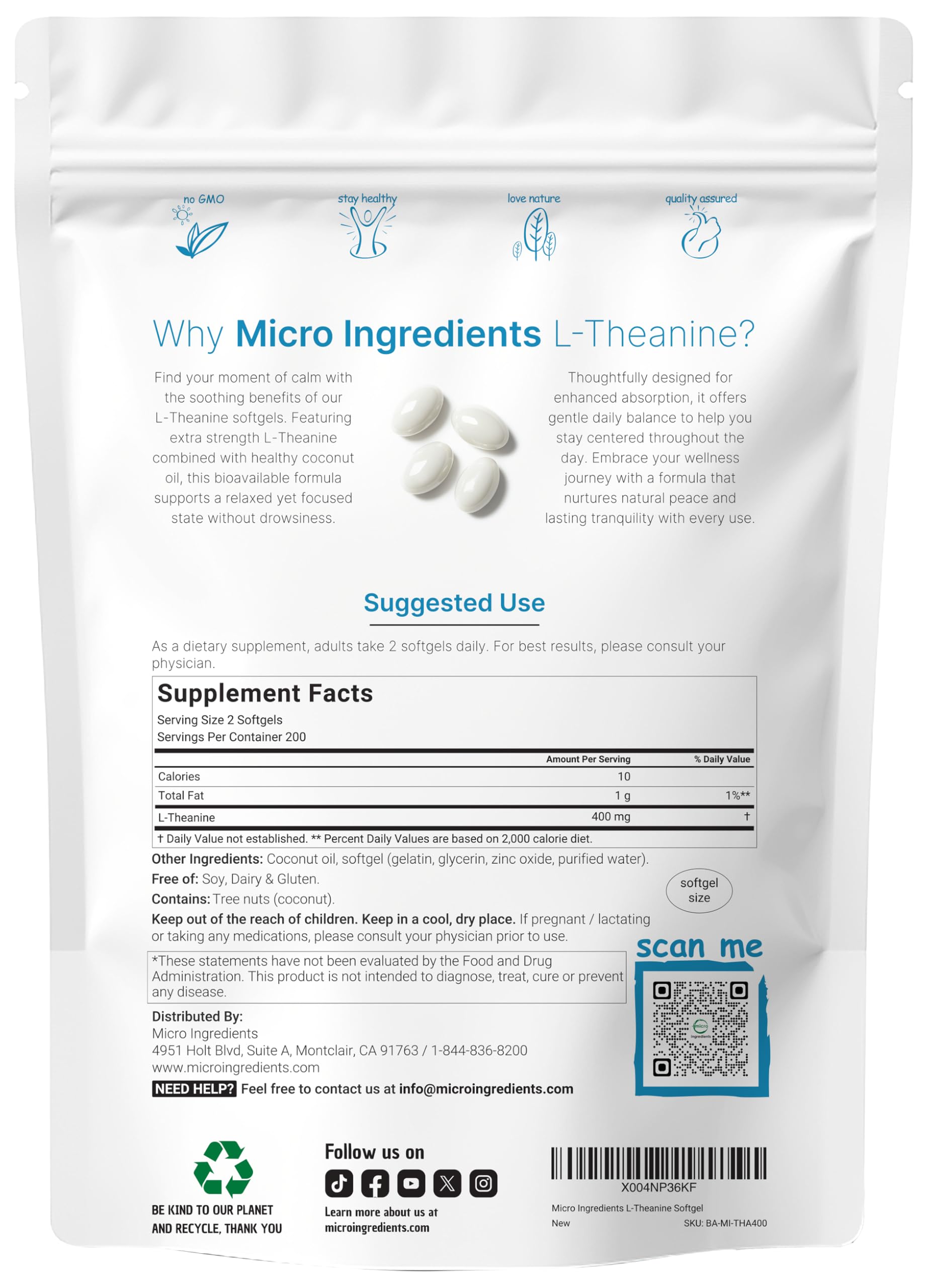 Micro Ingredients L-Theanine 400mg serving pouch demonstrates relaxed, alert focus for everyday routines