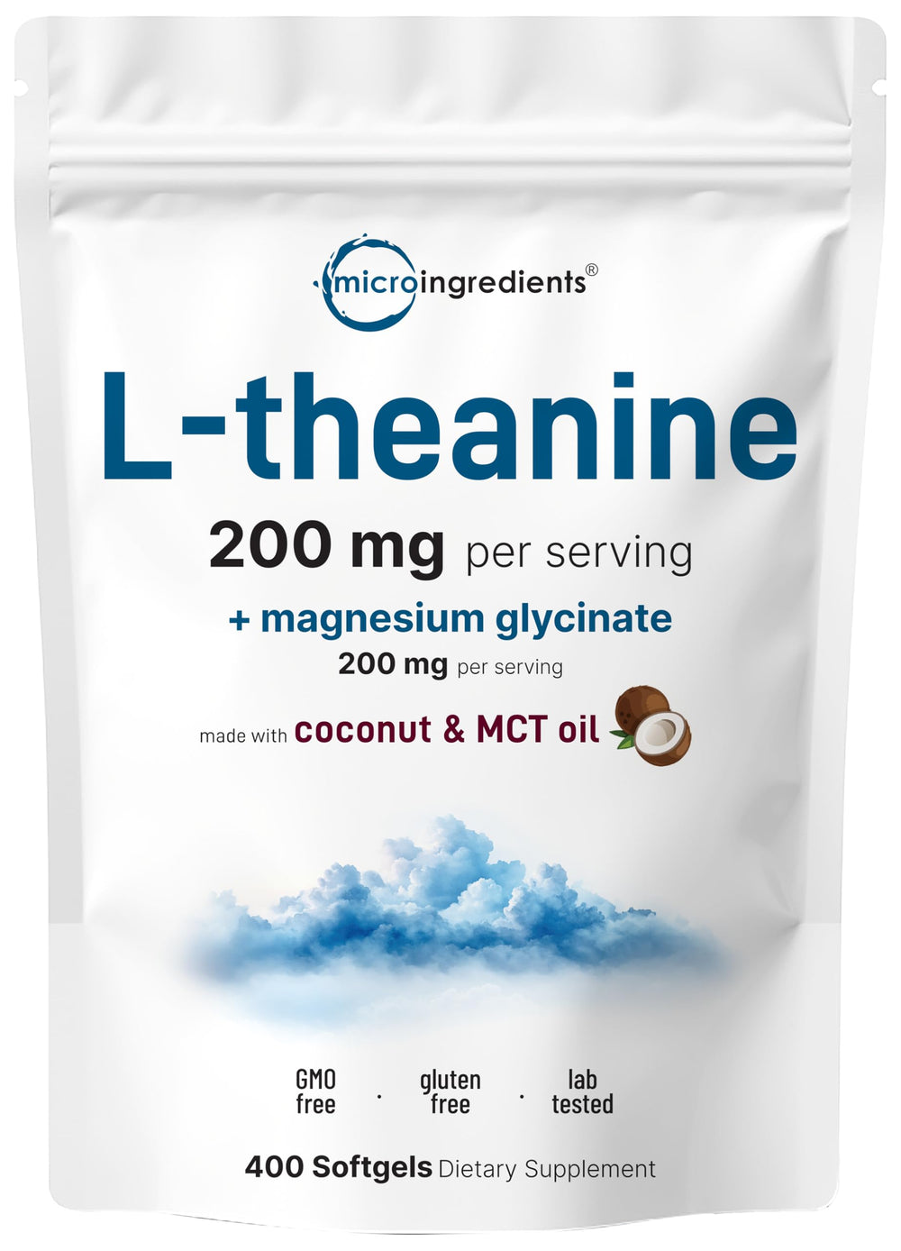 Micro Ingredients bottle shows L-Theanine and Magnesium for daily calm focus.