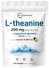 Micro Ingredients bottle shows L-Theanine and Magnesium for daily calm focus.