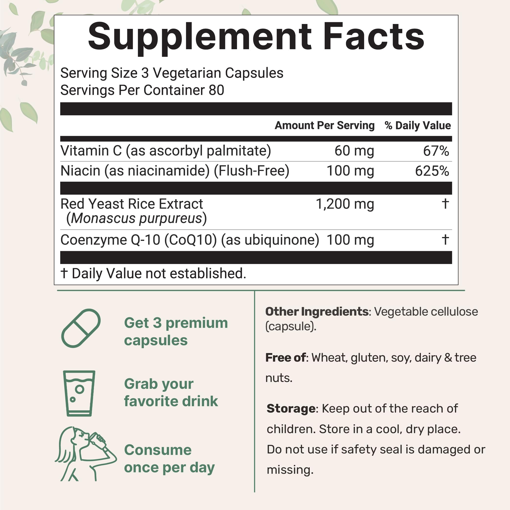 Product label close-up emphasizes CoQ10, niacin, and vitamin C for antioxidant-friendly daily use.