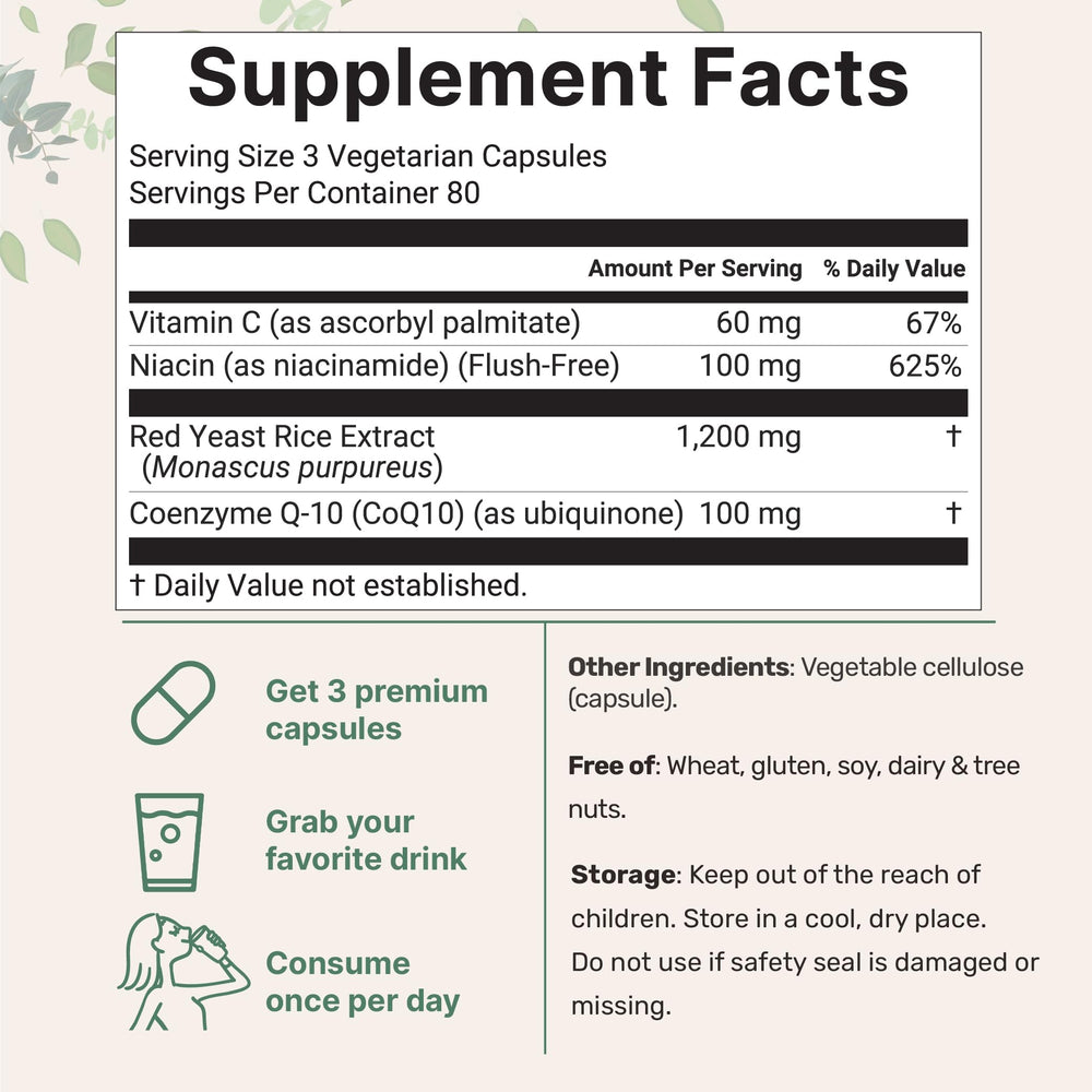 Product label close-up emphasizes CoQ10, niacin, and vitamin C for antioxidant-friendly daily use.