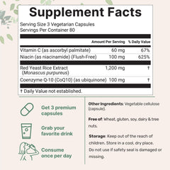 Product label close-up emphasizes CoQ10, niacin, and vitamin C for antioxidant-friendly daily use.