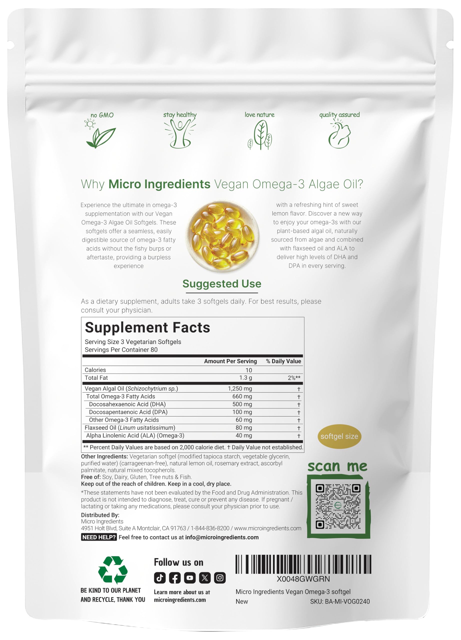 Micro Ingredients 240-softgel bottle emphasizes convenient daily omega-3 with DHA