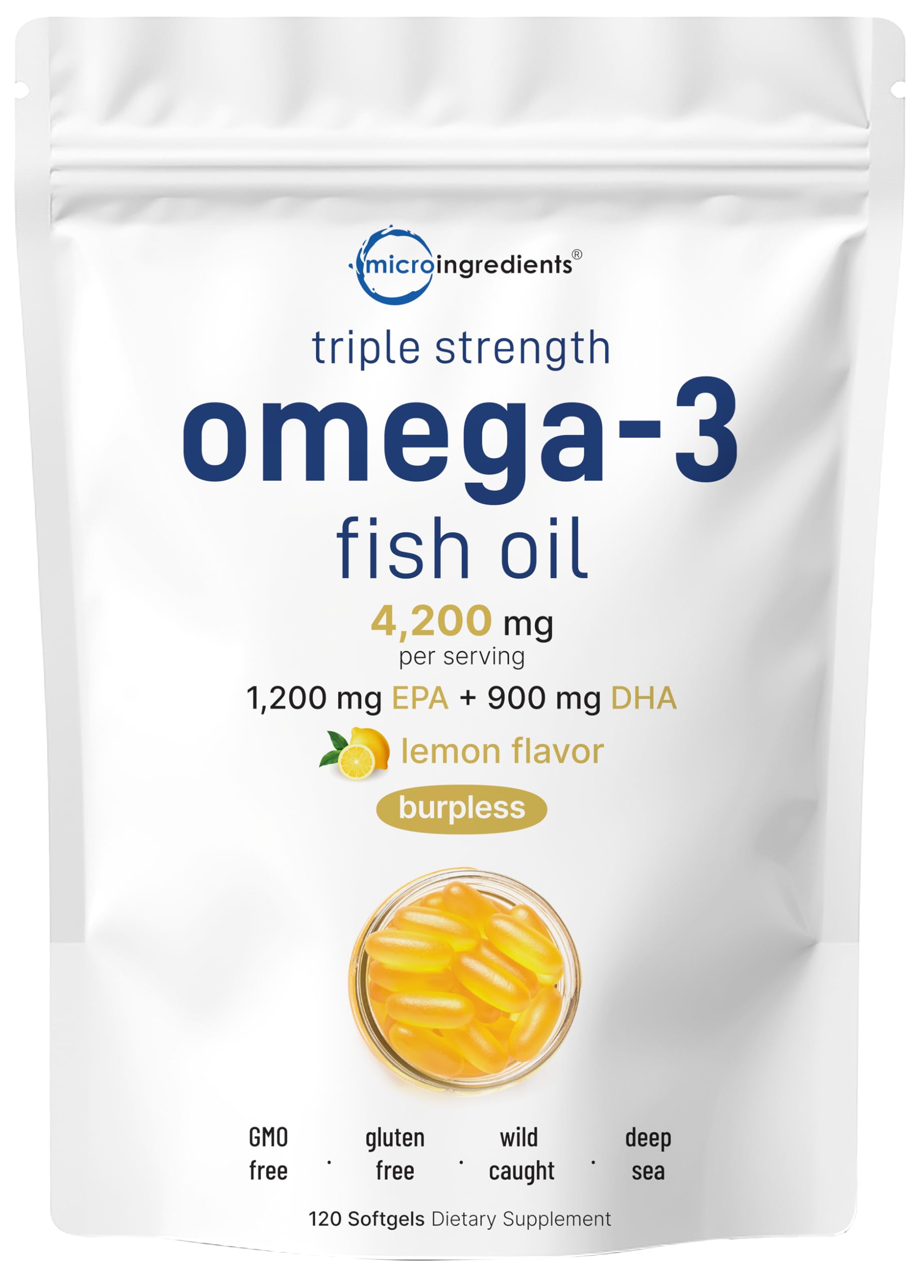 Micro Ingredients lemon-flavored omega-3 softgels for daily heart and brain support