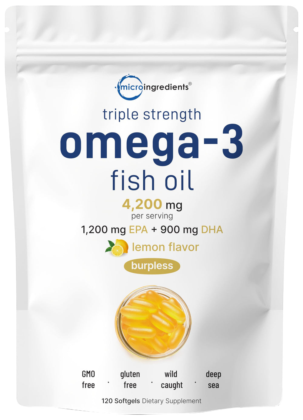 Micro Ingredients lemon-flavored omega-3 softgels for daily heart and brain support