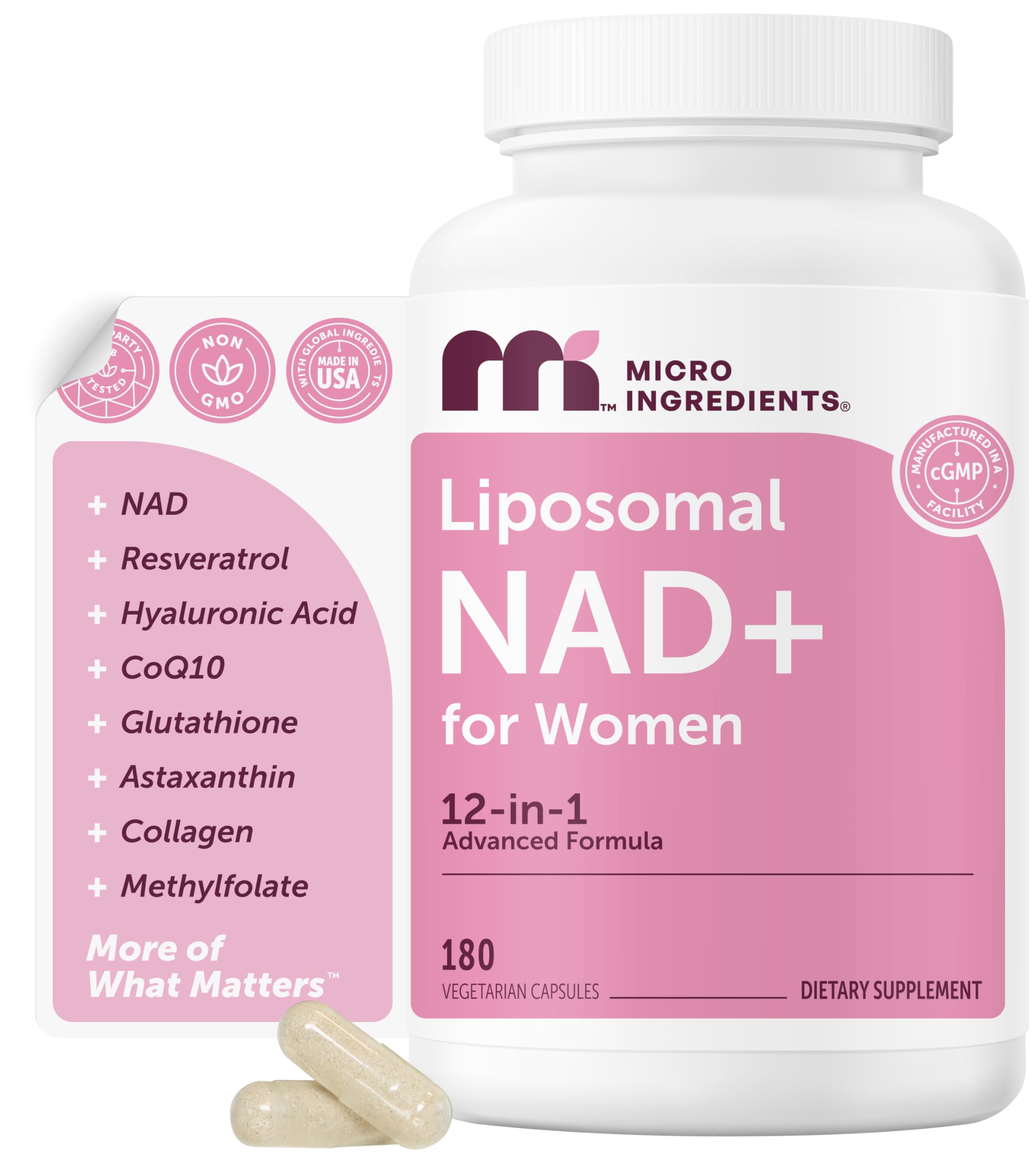 Micro Ingredients Liposomal NAD+ for Women bottle with 180 veggie capsules for daily wellness.