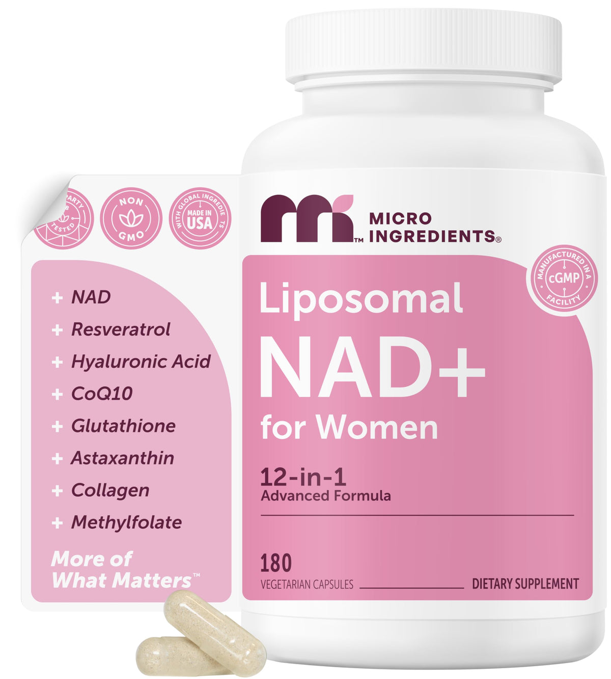 Micro Ingredients Liposomal NAD+ for Women bottle with 180 veggie capsules for daily wellness.