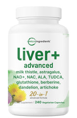 Micro Ingredients Liver Advanced+ bottle front shows a 20-in-1 formula for daily wellness.