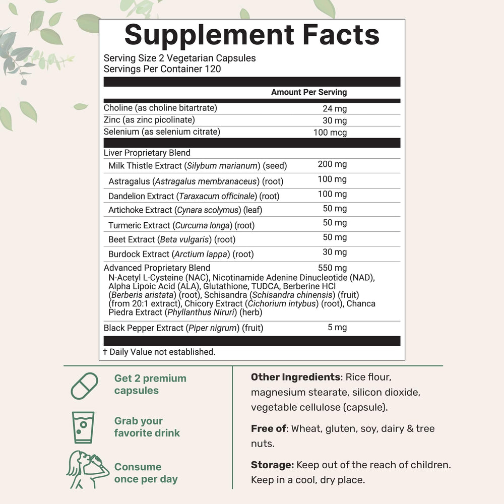 Liver Advanced+ label closeup highlights key ingredients and serving details.