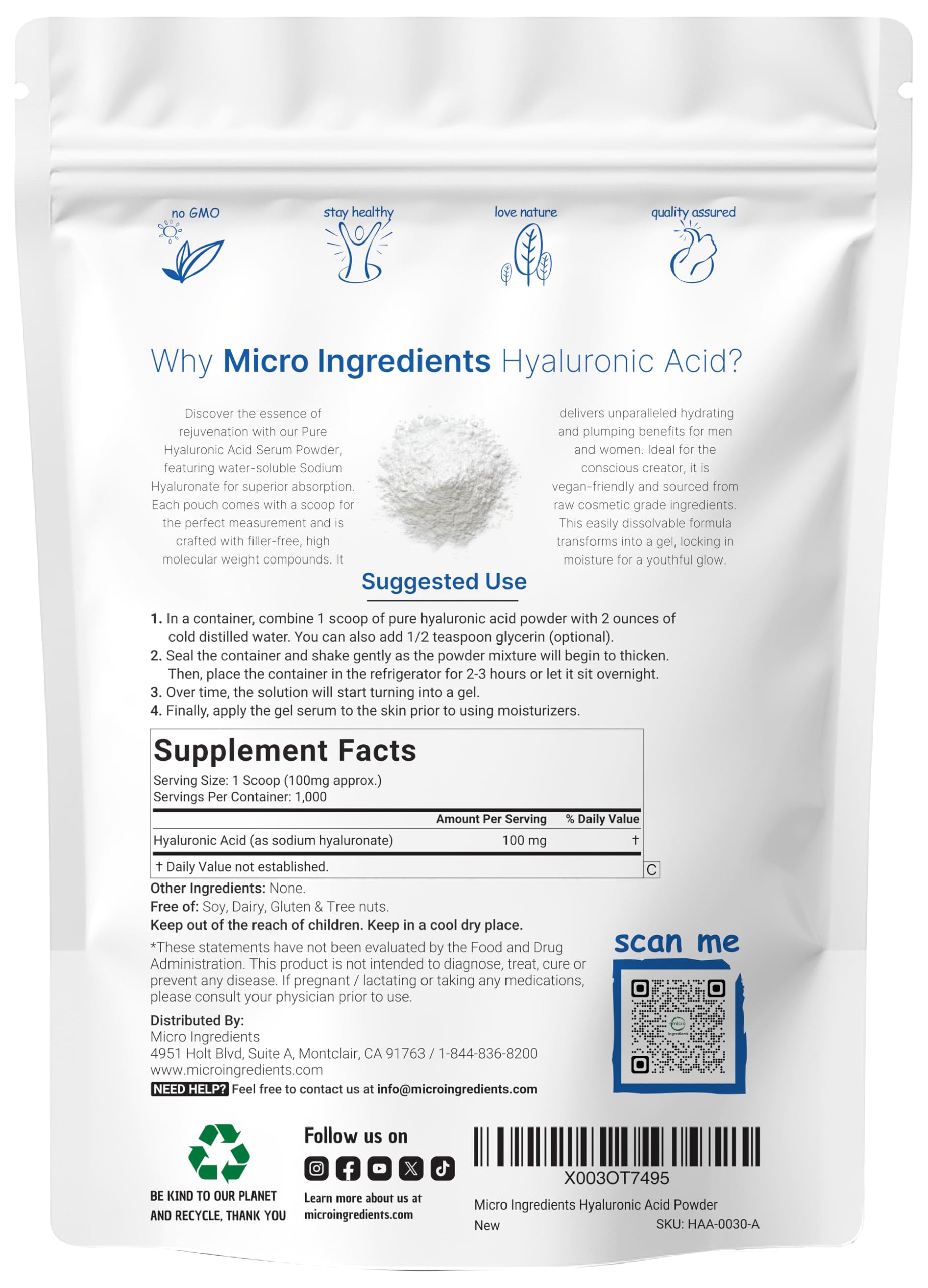 Micro Ingredients hyaluronic acid serum powder low-molecular-weight dissolves quickly in water