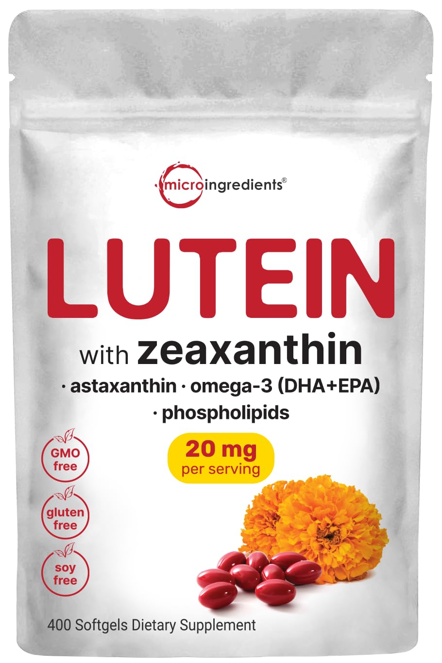 Micro Ingredients Lutein & Zeaxanthin softgels bottle front for eye support.