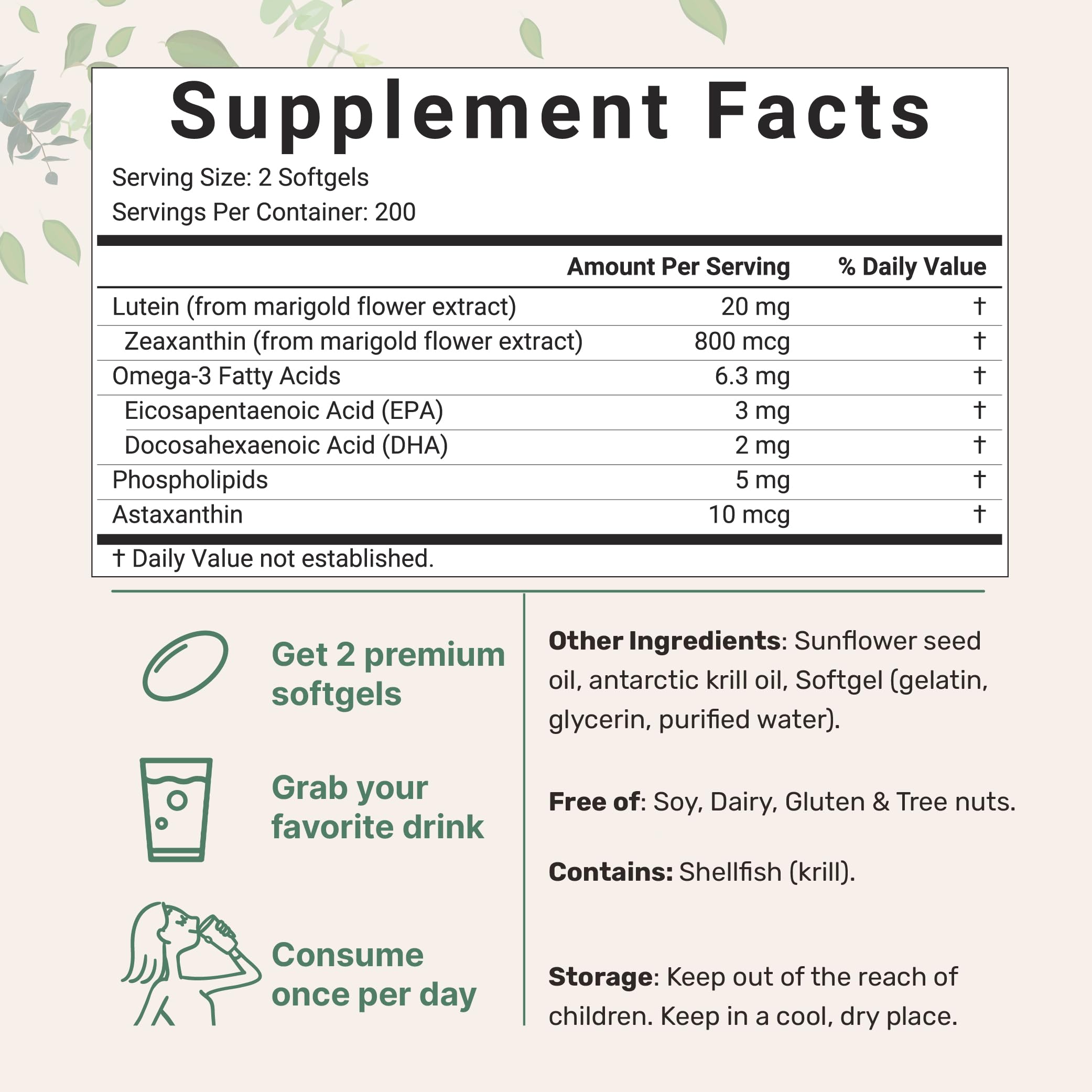 Micro Ingredients Lutein & Zeaxanthin softgels bottle side lists serving details.