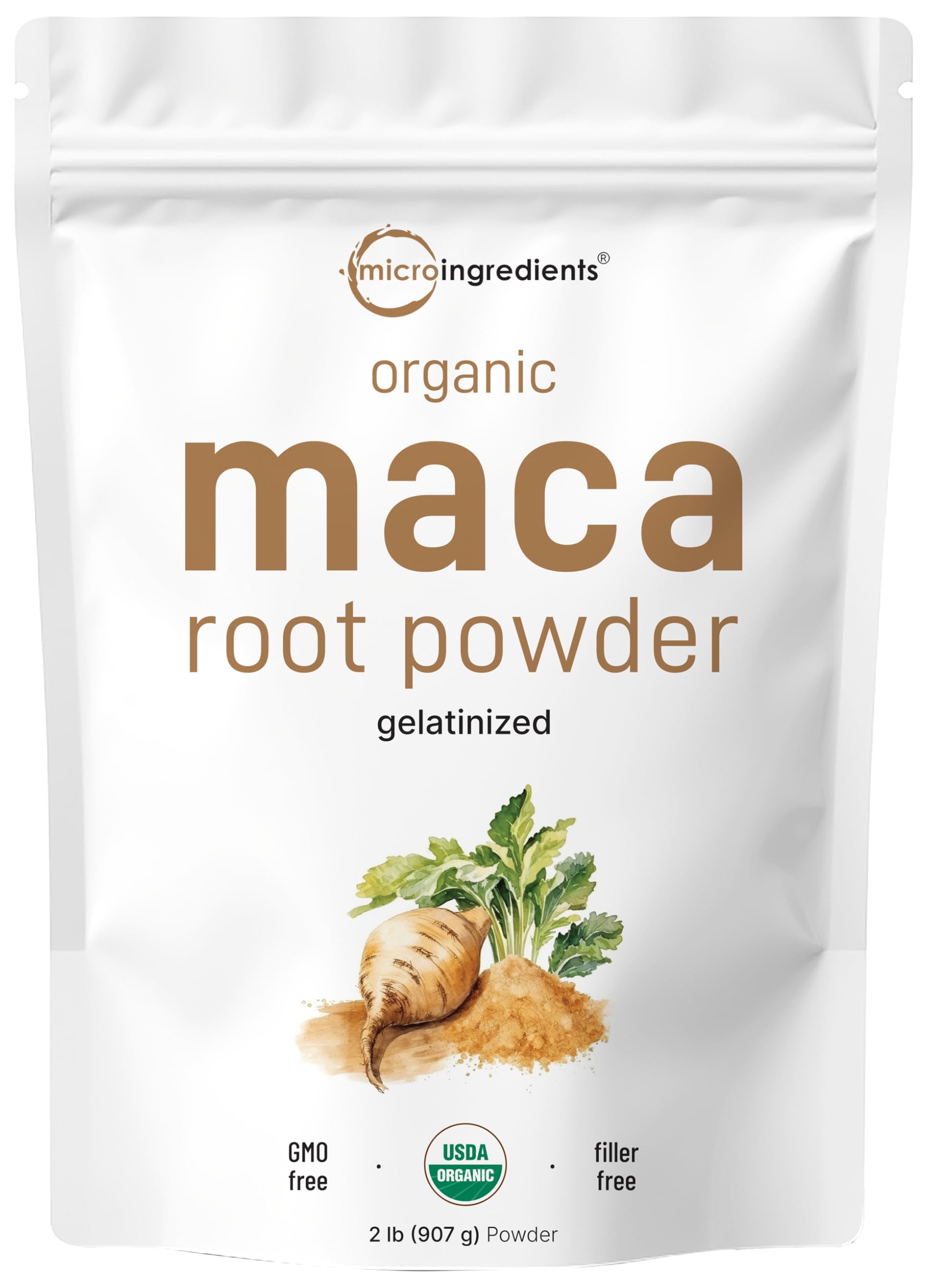 Micro Ingredients maca root powder bag showing organic Peruvian source and antioxidant-rich formula
